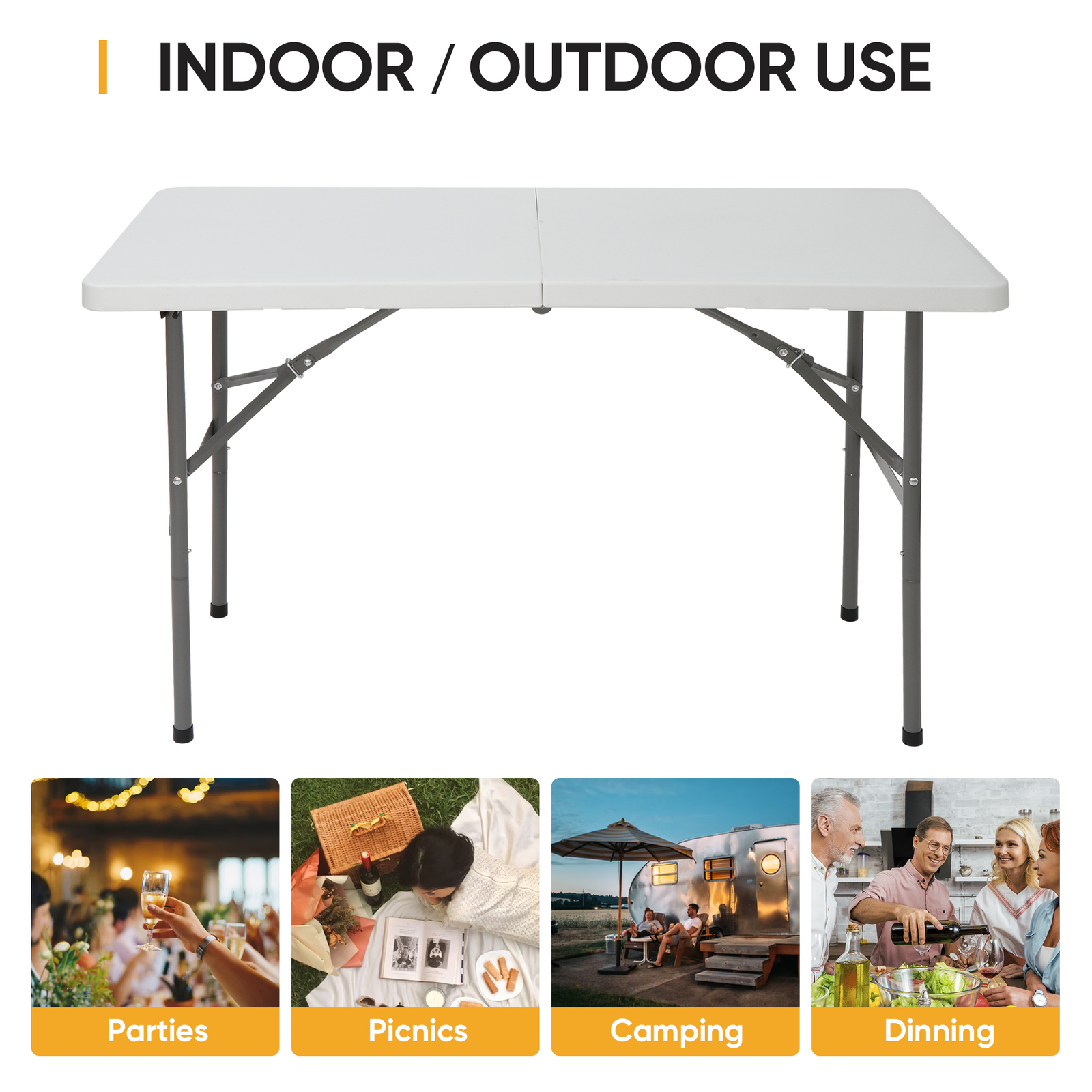 4" Plastic Indoor Outdoor Picnic Party Portable Folding Table Camp Dining White