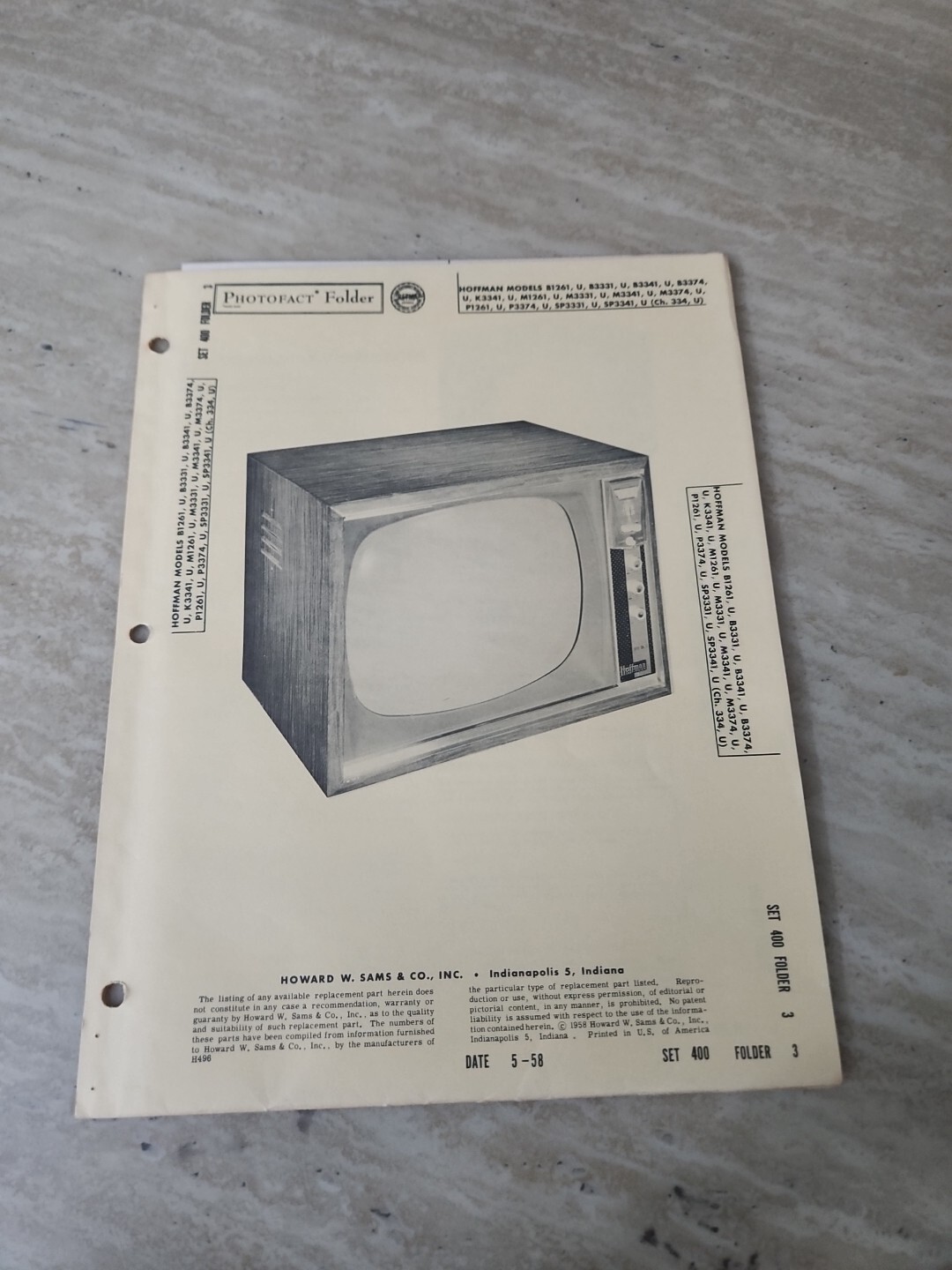 1958 HOFFMAN B1261 TELEVISION SERVICE MANUAL photofact B3331 B3341 M3341 P1261