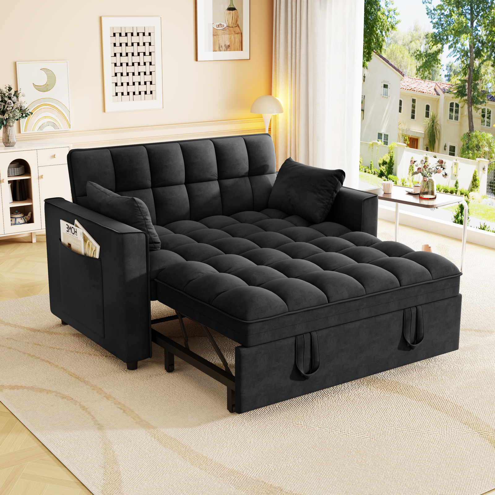 Sleeper Sofa Couch w/Pull Out Bed, Modern Velvet Convertible Sleeper Sofa Bed, S