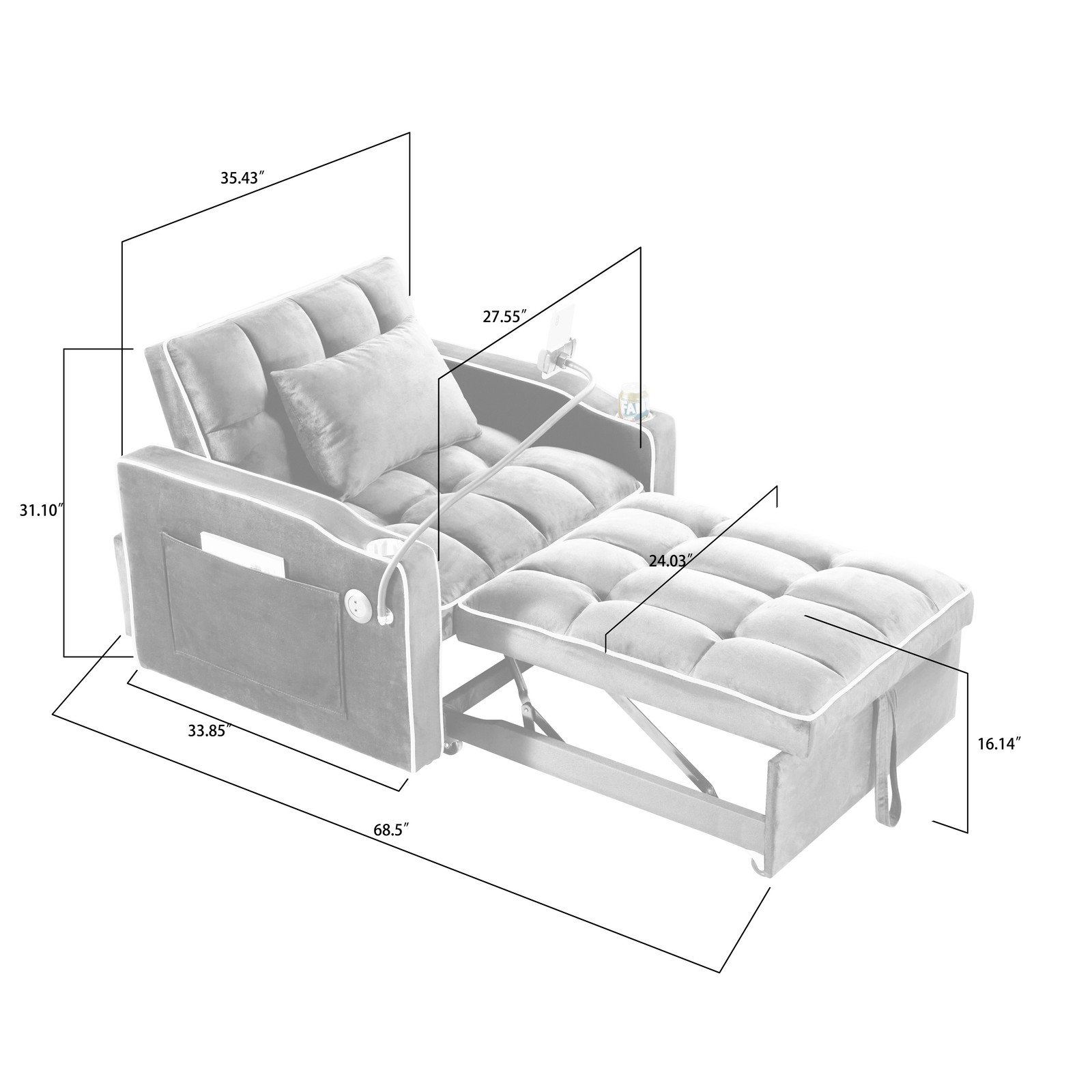 Convertible Sleeper Chair Sofa Bed Adjustable Pull Out Sleeper Chair Bed Multi-P