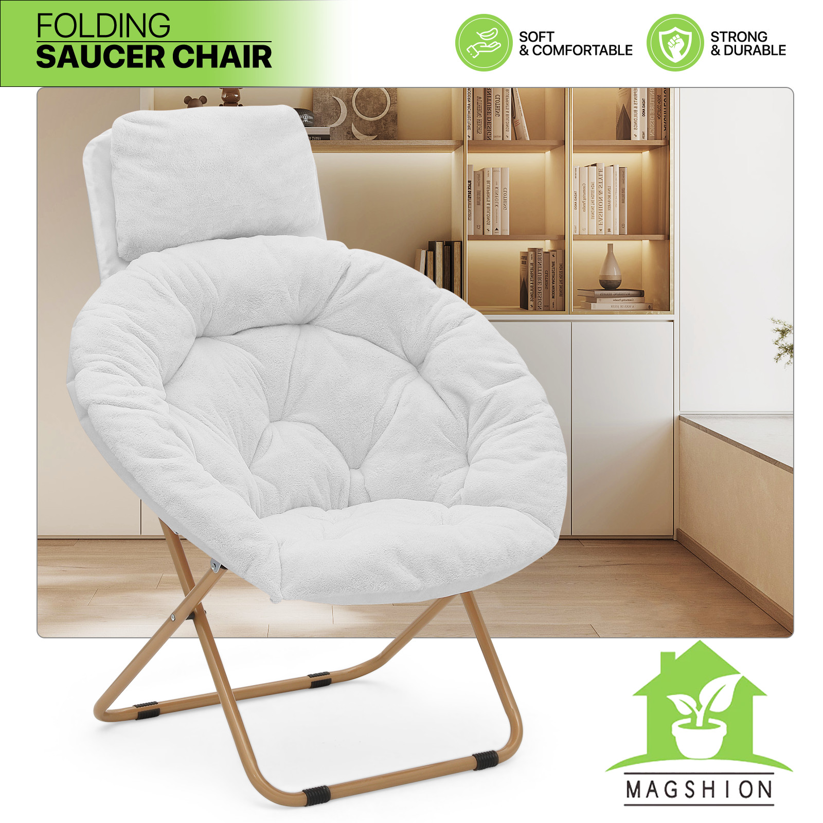 Foldable Modern Saucer Moon Chair Soft Faux Fur Lounge Seat w/Removable Headrest