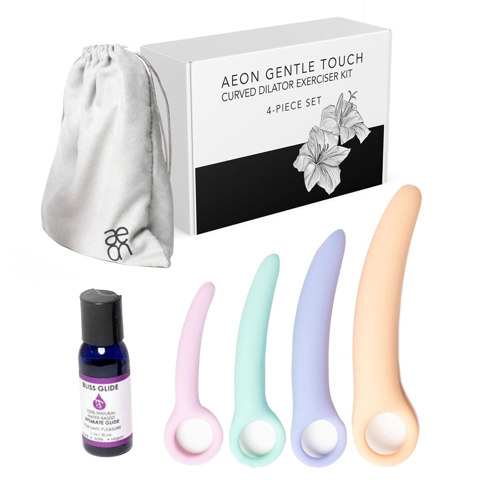 AEON 4 Gentle Touch Curved Vaginal Dilator Kit with Storage Bag & Bliss Glide