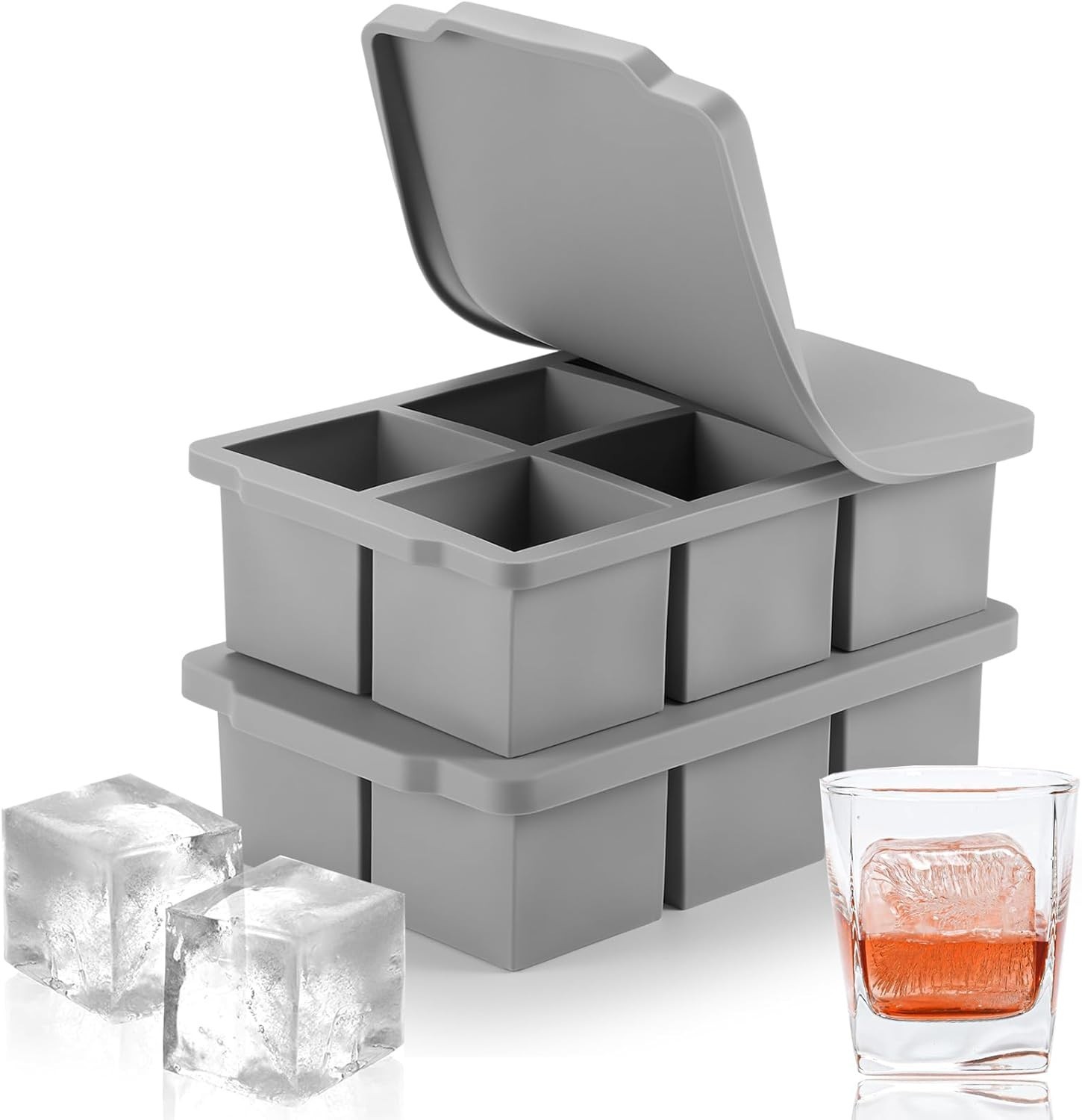 Large Ice Cube Tray with Lid Pack of 2, Stackable Big Silicone Square Ice Cub...