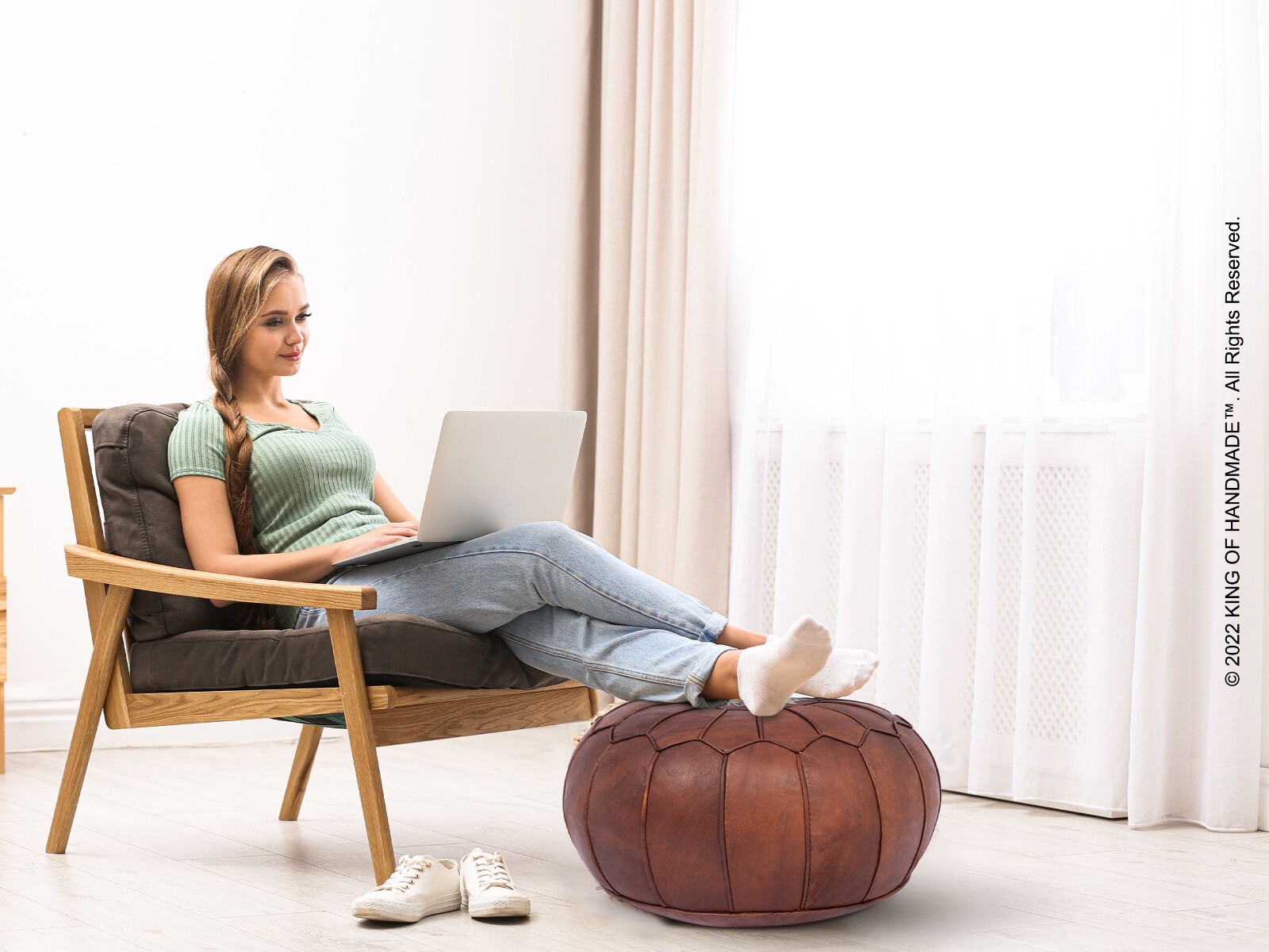 Foot Stool Cover Home Decor Braided living Room, Genuine Leather Boho Pouf