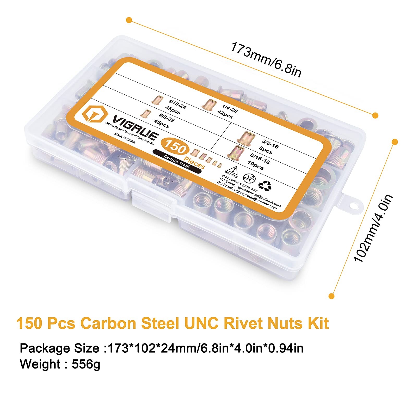 150pcs Carbon Steel Rivet Nuts Kit, UNC Threaded Inserts, Yellow Zinc Finish