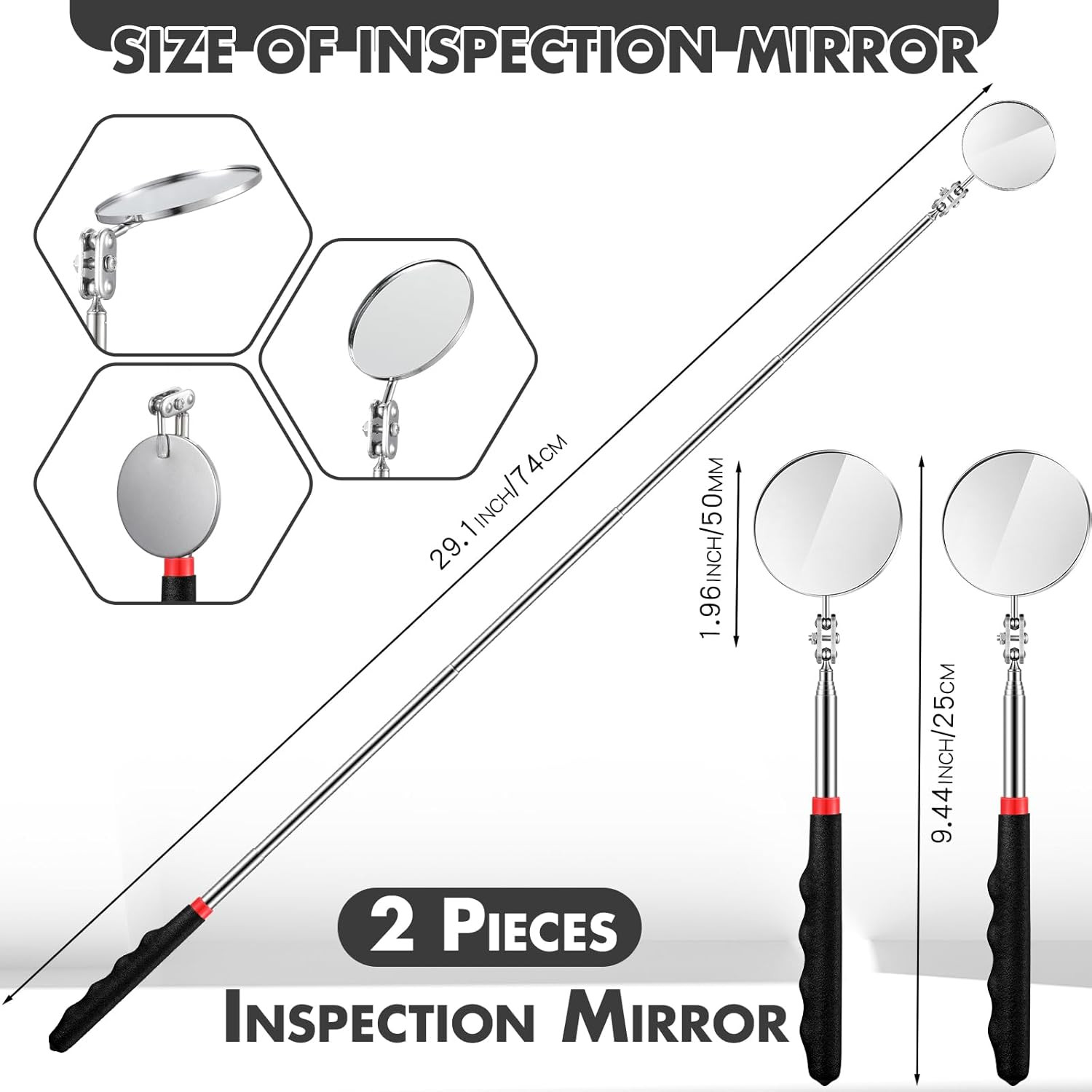 2 Pack Telescoping Inspection Mirror Tool Extendable 360° Swivel Mechanic Mirror