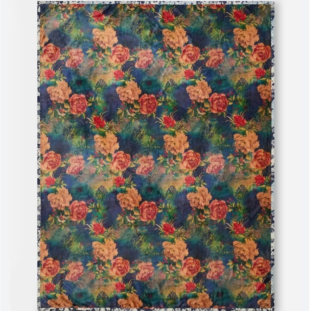 Johnny Was CATALINA Blue travel Blanket Reversible Cozy Floral plush Throw Boho