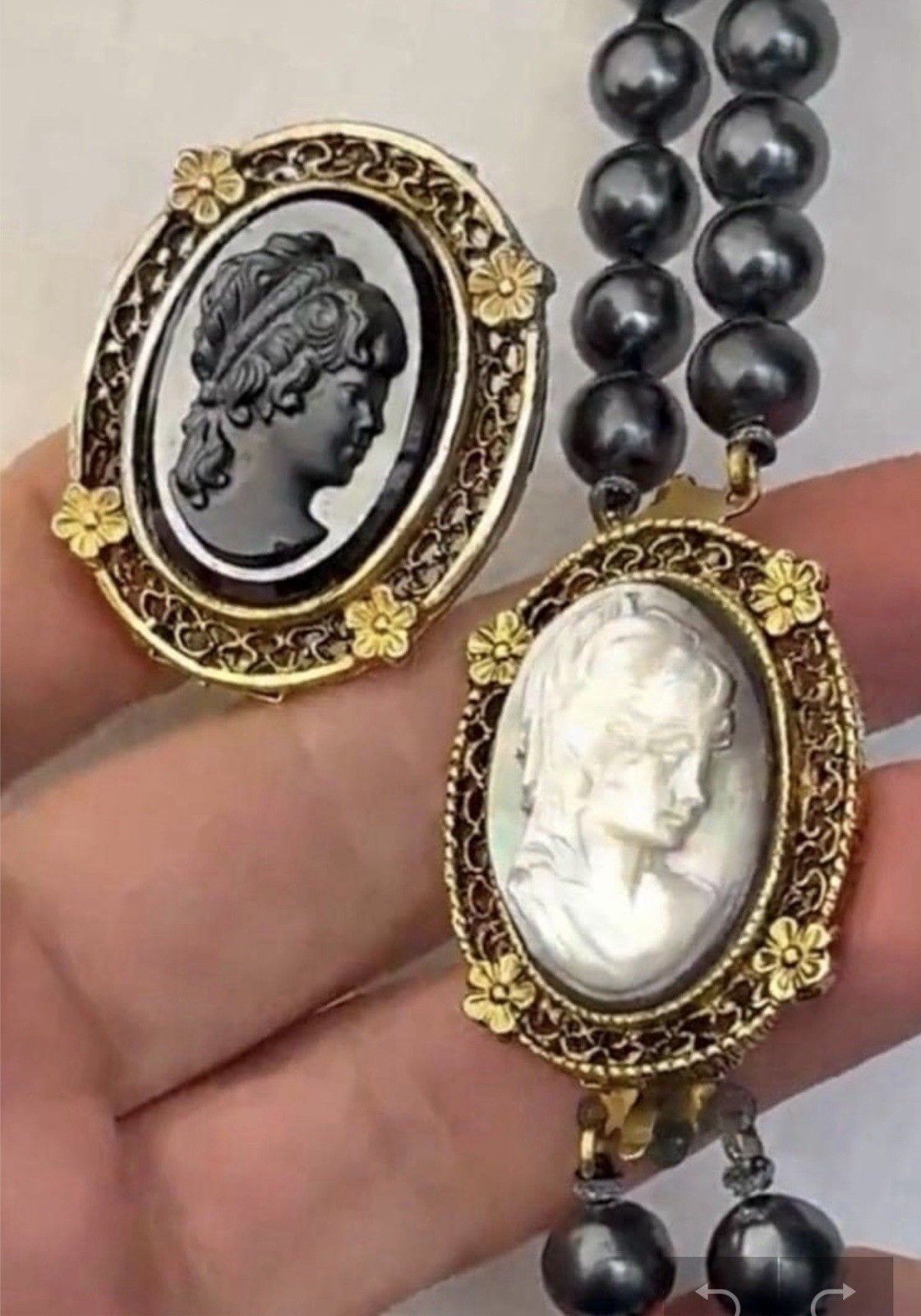 Vtg Menorca 2 Cameo Hematite Mother of pearl,  Double Strand Hematite Necklace