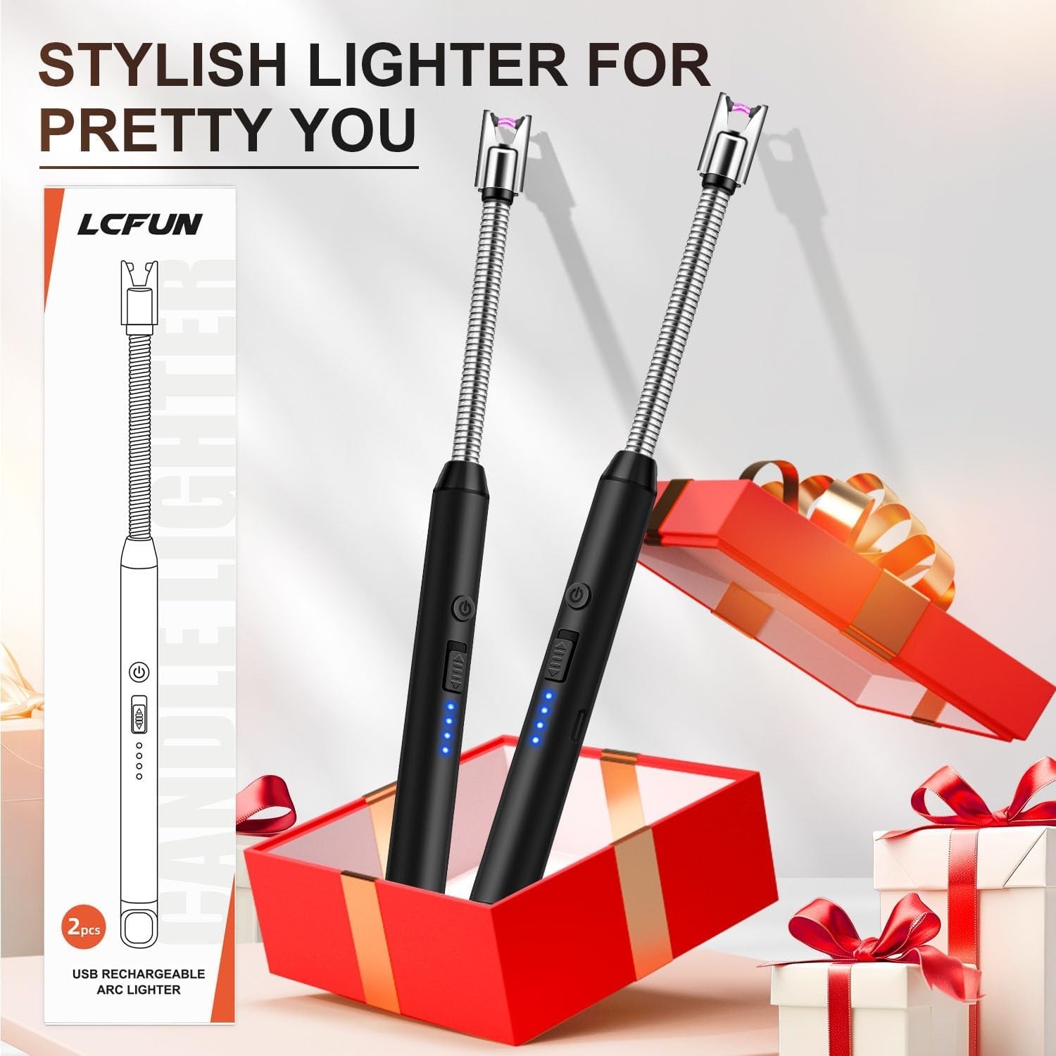 2 Pack Candle Lighter Windproof USB C Rechargeable Electric Lighters with 360° F