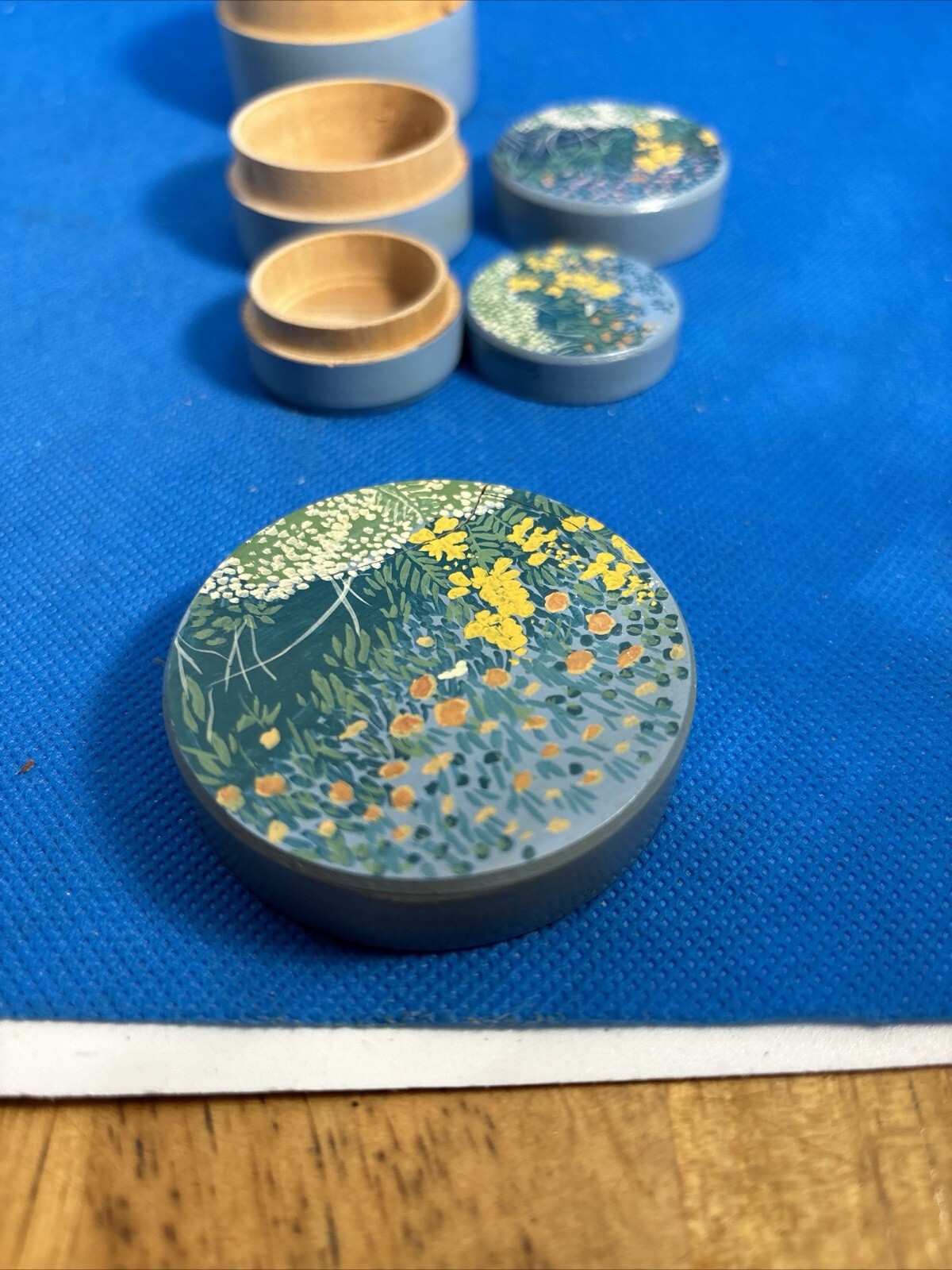 Nesting Trinket Boxes Blue Wood Floral 3 Boxes Small 2 1/2”