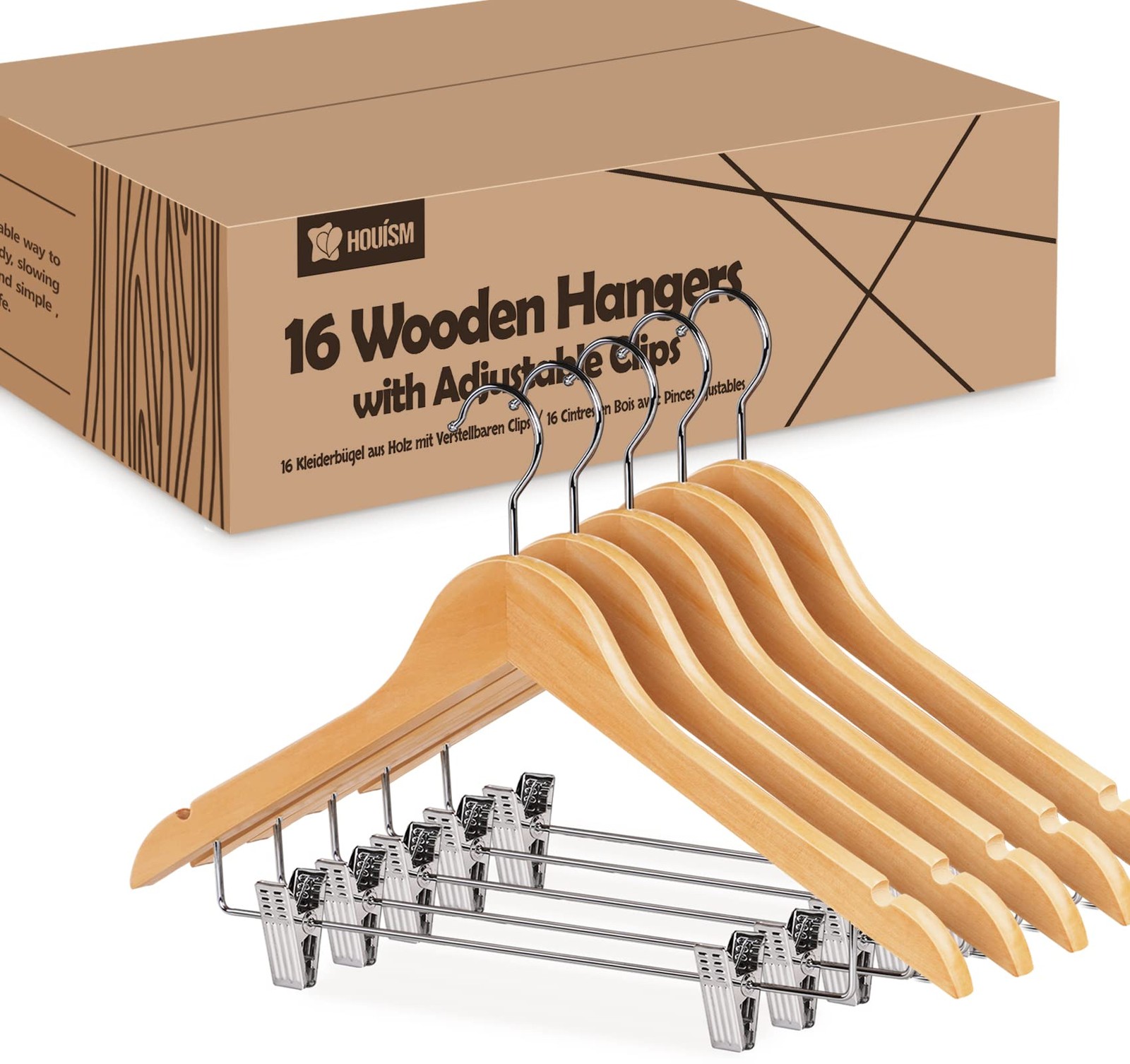 16Pack Wooden Hangers Skirt Hangers with Clips, Solid Wood Pants Hangers Natural