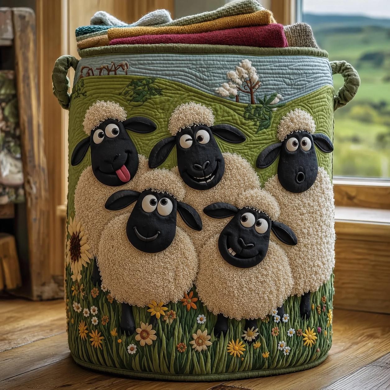 Sheep Heaven Quilted Laundry Basket, Sheep Laundry Room Decor, Soft Fabric Hampe