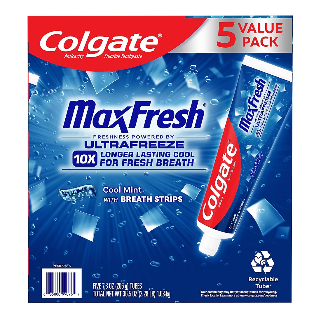 Colgate MaxFresh Cool Mint Toothpaste, 5 Pack . /7.3 oz. With Breath Strips New
