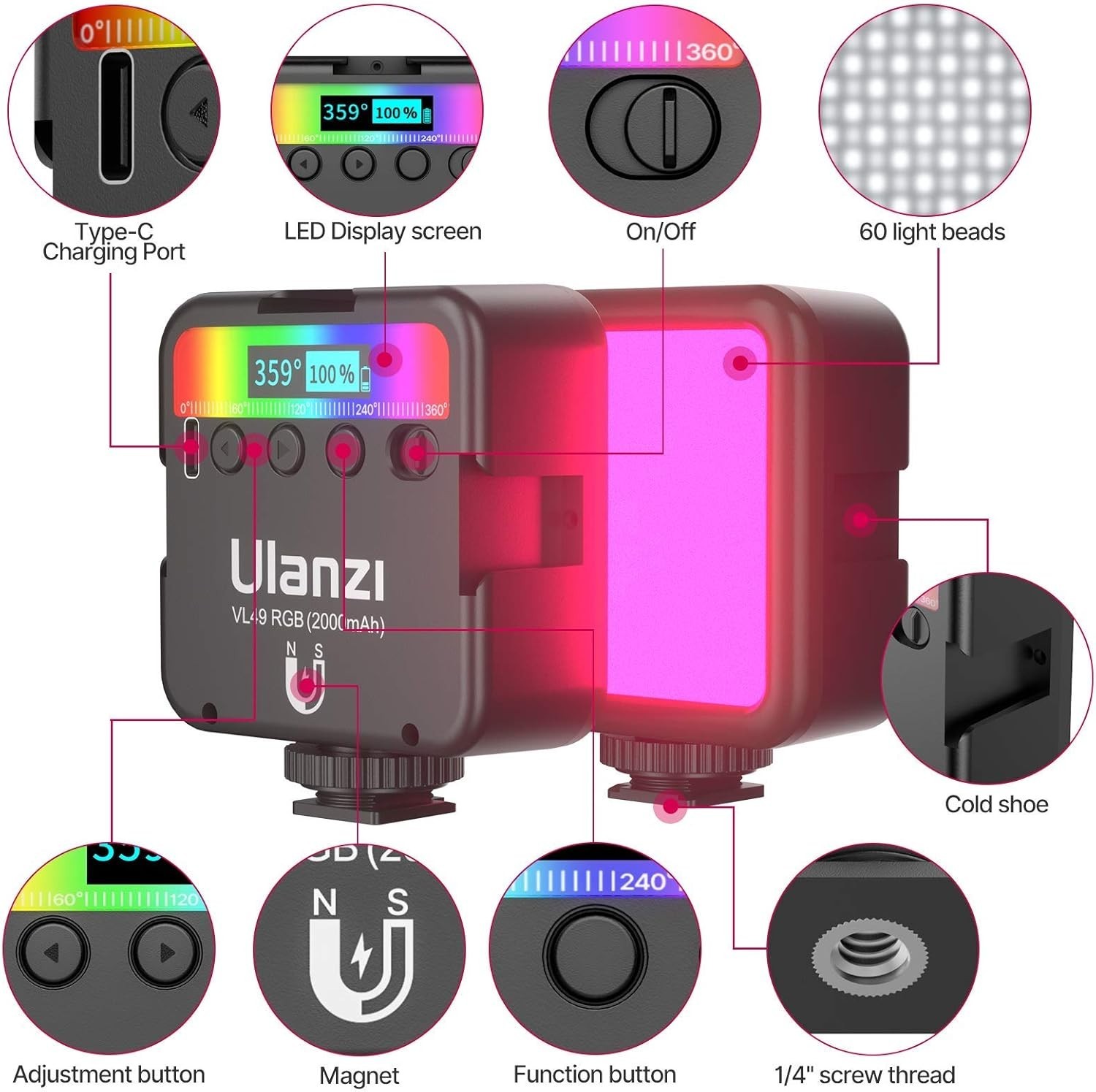 Portable VL49 LED Camera Light, 2000mAh Rechargeable with Magnetic Attraction