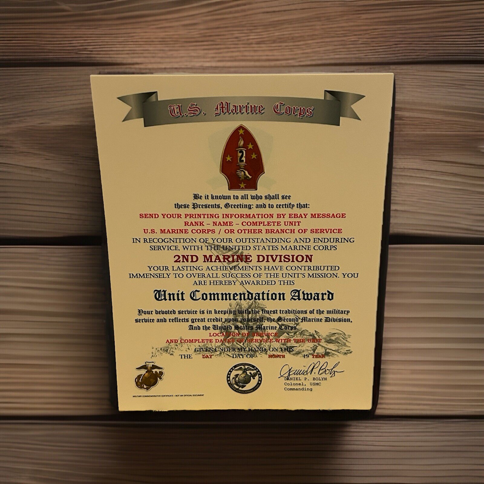 U.S.M.C. / 2ND MARINE DIVISION ~ UNIT COMMENDATION AWARD / CERTIFICATE