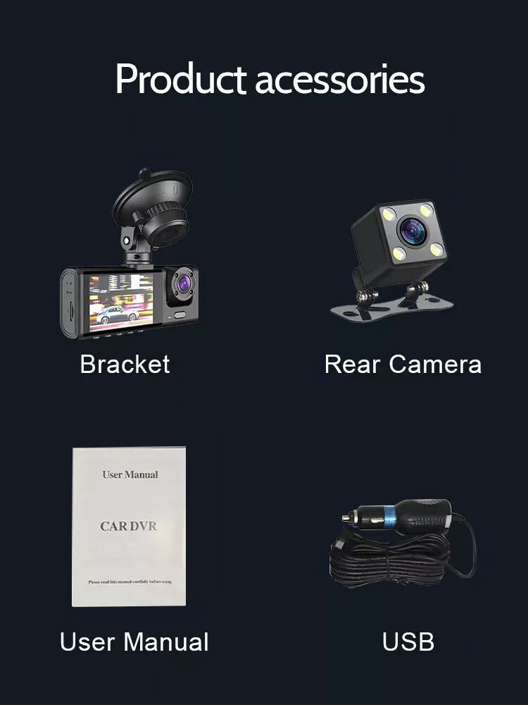 Front Rear Inside DVR Dash Cam with Night Vision & Loop Recording