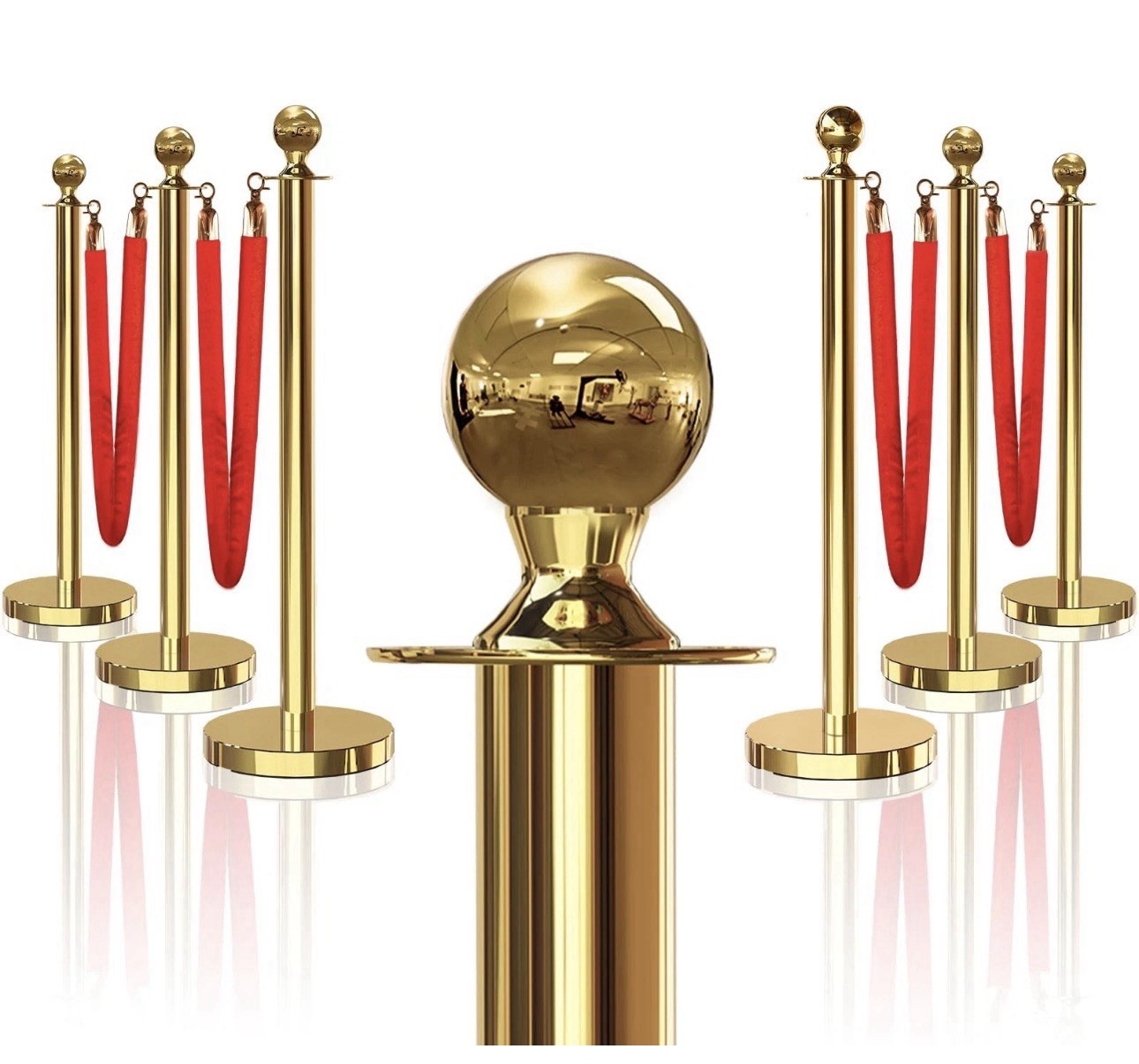 6 Gold Stanchions with 4Pcs 5FT Red Velvet Ropes, Stainless Steel Stanchion Pole