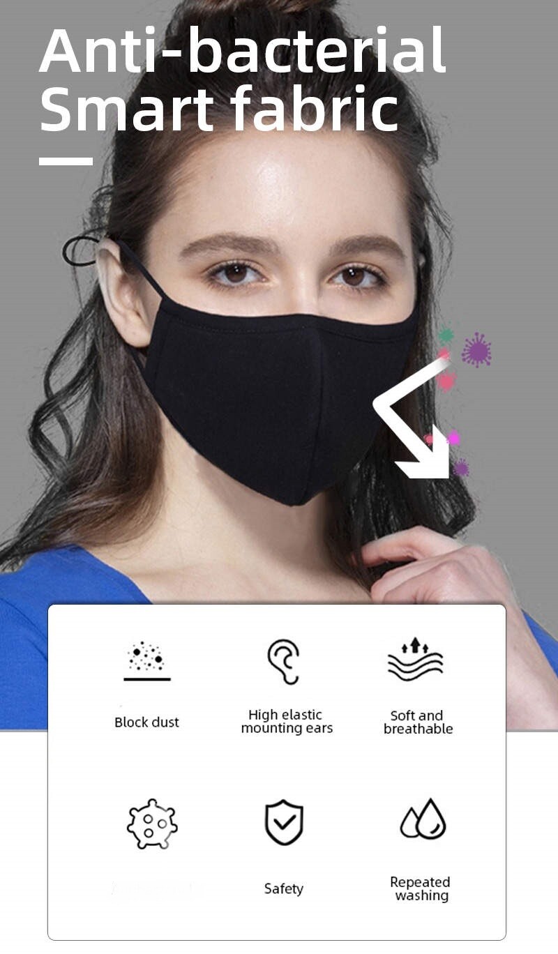 Black Silver Ion Infused Cotton Face Mask Reusable Face Cover Wasable