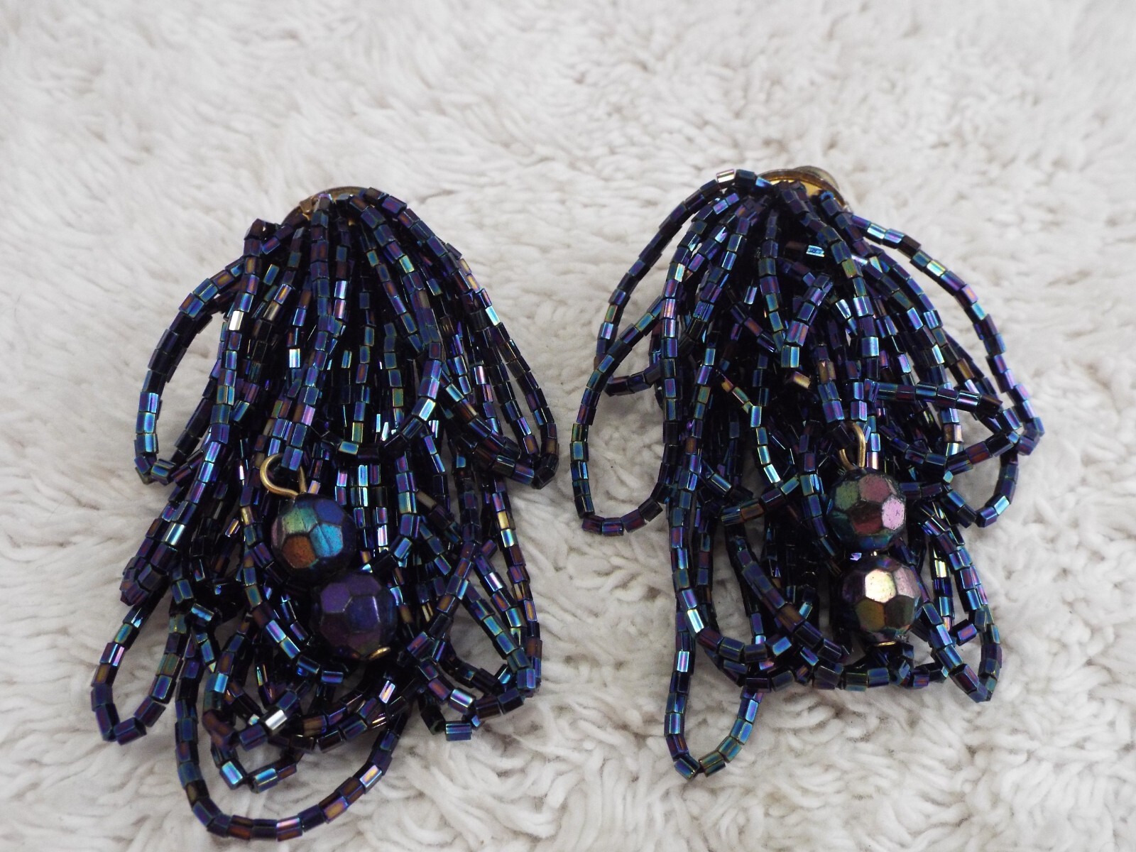 Iridescent Blue Micro Glass Bead Tassel Clip-on Earrings (A10)