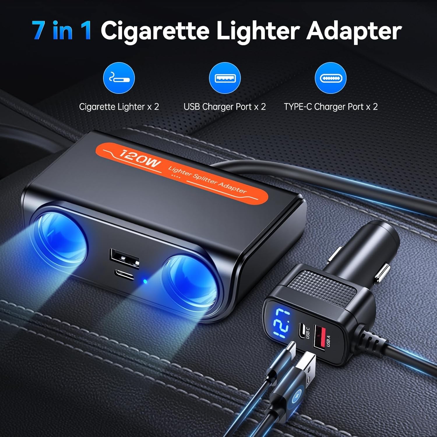 7 in 1 Cigarette Lighter Splitter, 24/12V Socket Car Cigarette Lighter Splitter