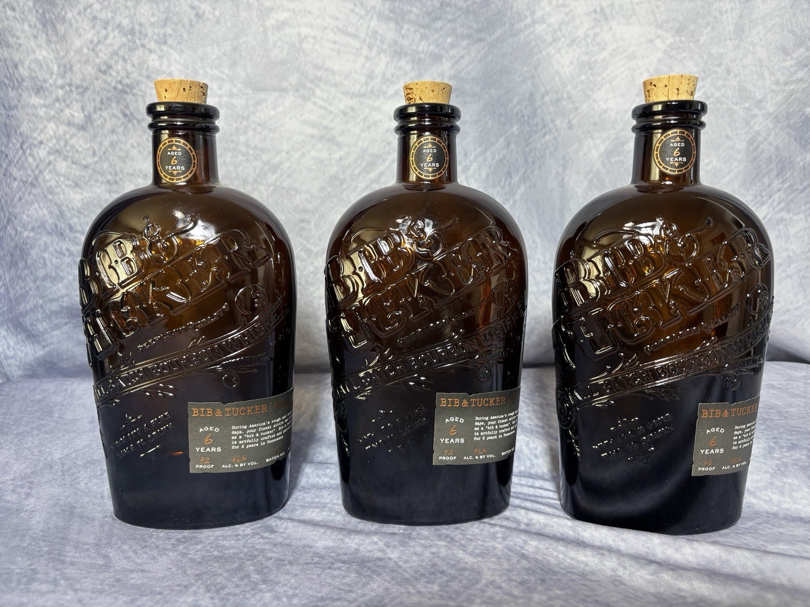 Bib & Tucker 6 Year Small Batch Bourbon Lot of 3 Decorative Decanter Bottles