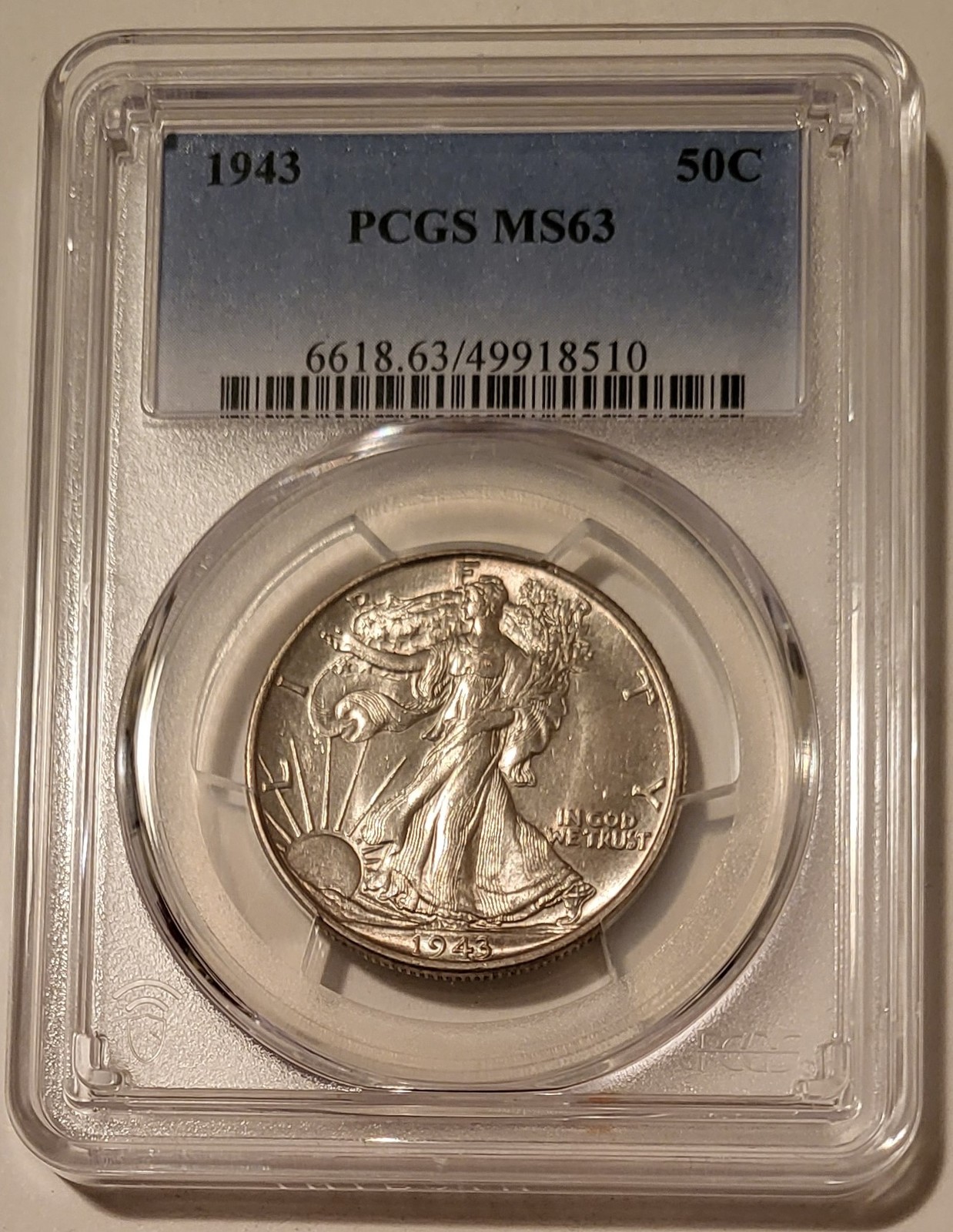 1943 Walking Liberty Half Dollar MS63 PCGS Toning