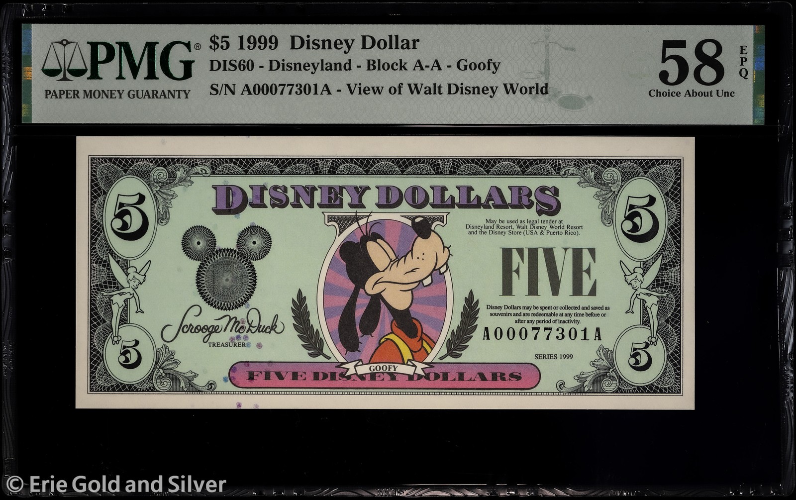 1999 $5 Disney Dollar - View of Walt Disney World PMG 58 EPQ | DIS60