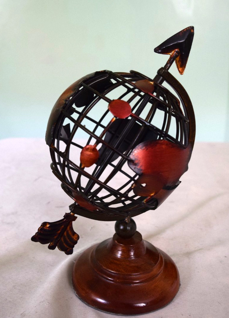 Desktop Metal/Wrought Iron Spinning  Globe w/Arrow & Wooden Base