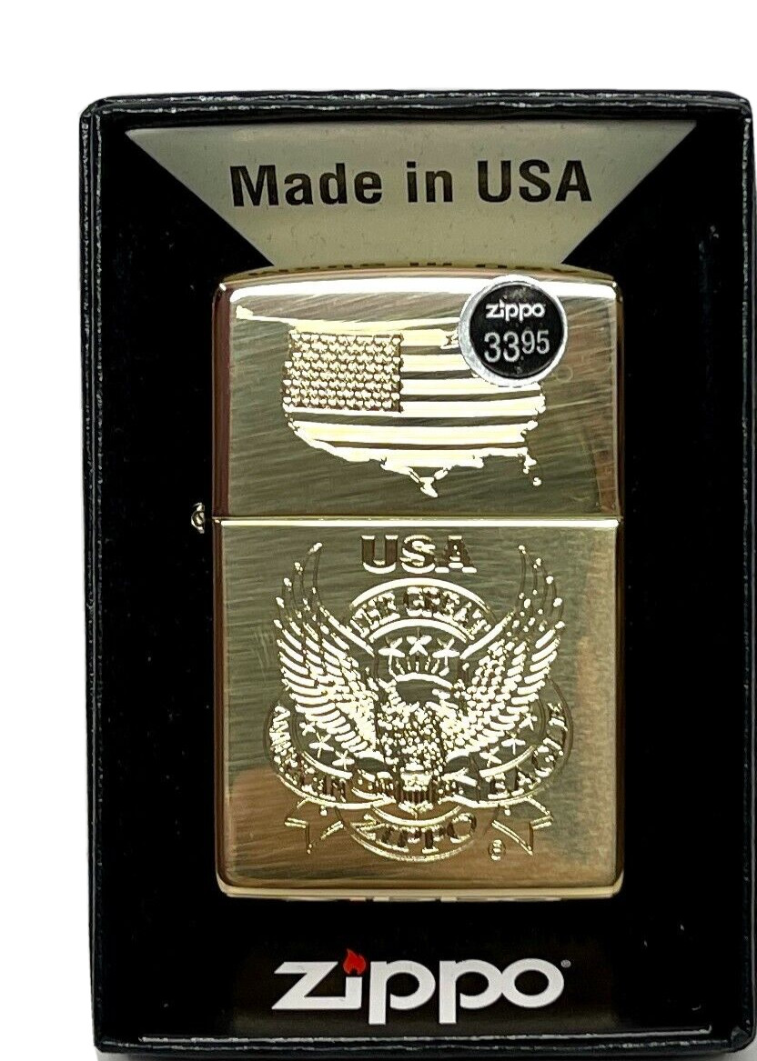 2022 New Gold Zippo Lighter 254B Great America Eagle with Map, Made in USA.
