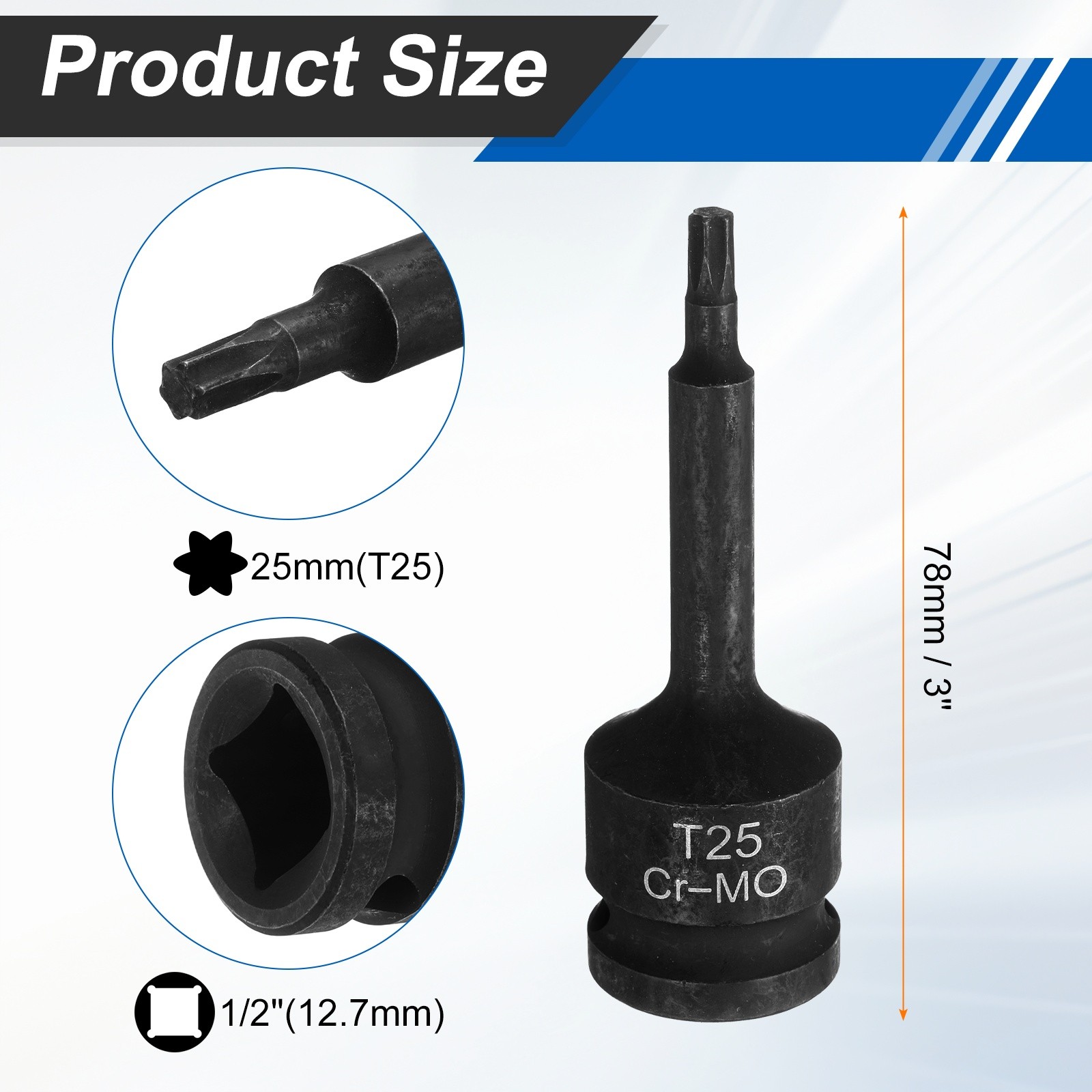 2pcs 1/2" Drive Torx Bit Socket T25 Impact 6 Point Star Bit Sockets CR-MO Steel,