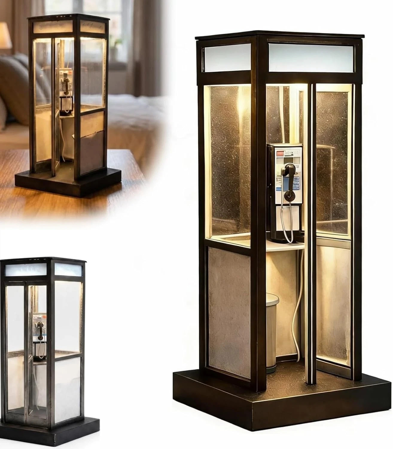 Vintage Phone Booth Ambient Lamp, Retro Tall Telephone Booth Table Lamp with War