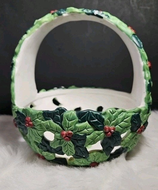 Vintage Ceramic Basket w/ Red & Green Holly & Berry Christmas Design Handpainted