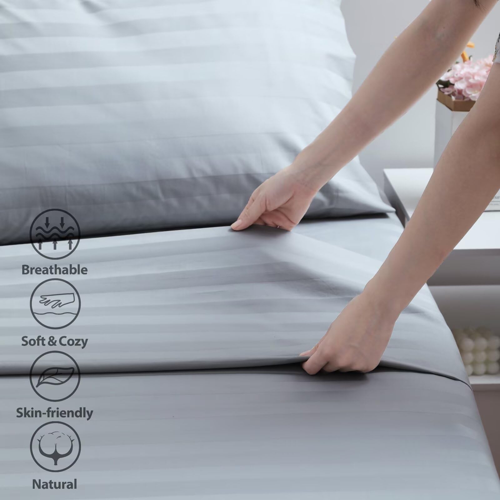 2-Pack Cal King Flat Sheet Only, 600 Thread Count Egyptian Cotton Striped-Grey