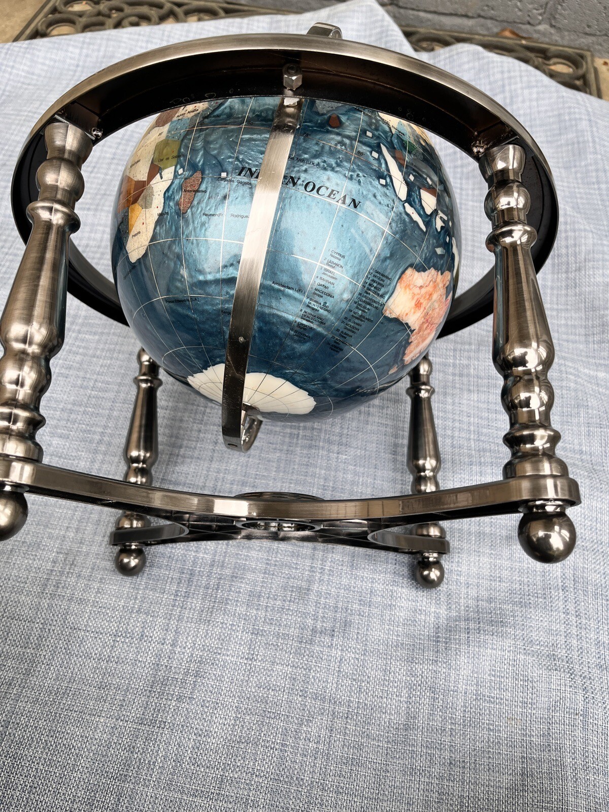 12" Tall Gemstone Table Top Gem Pearl /Gemstone World Map Globe Gorgeous Silver