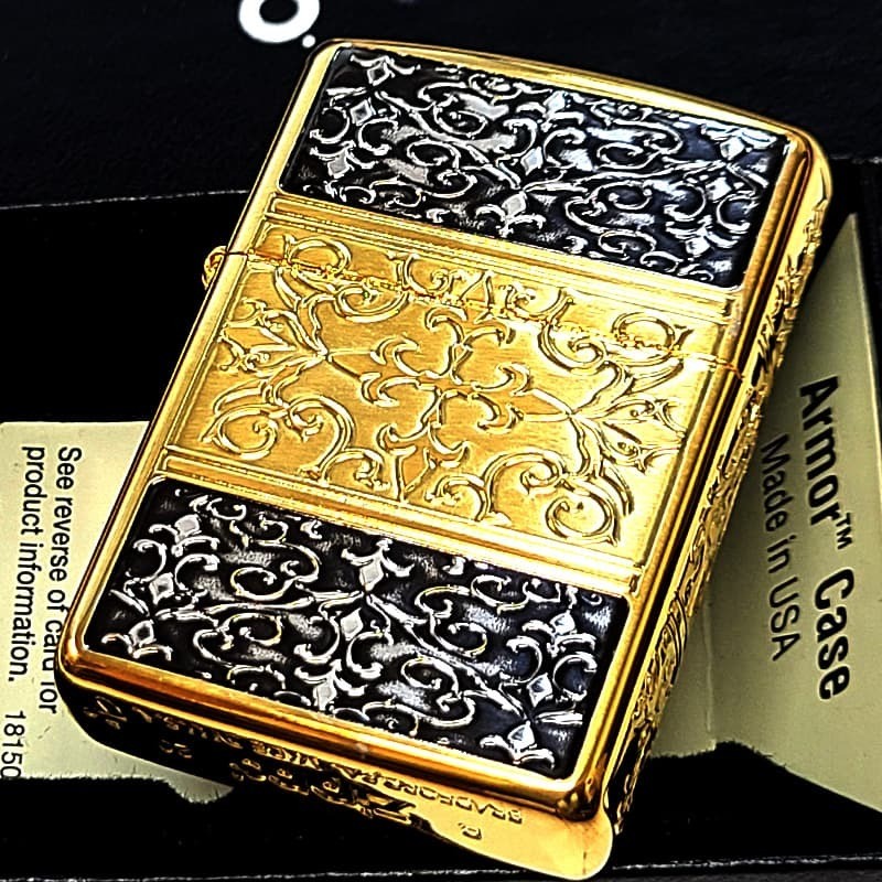 ZIPPO Armor 5 Sided Fine Processing Arabesque Engraving Zippo Lighter Gold Black