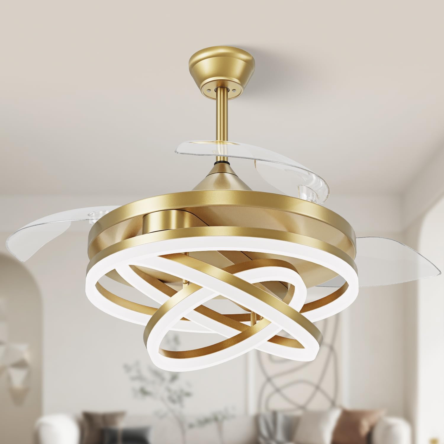 42" Retractable Ceiling Fan with Lights, Silent DC Motor, 6 Speeds, Gold