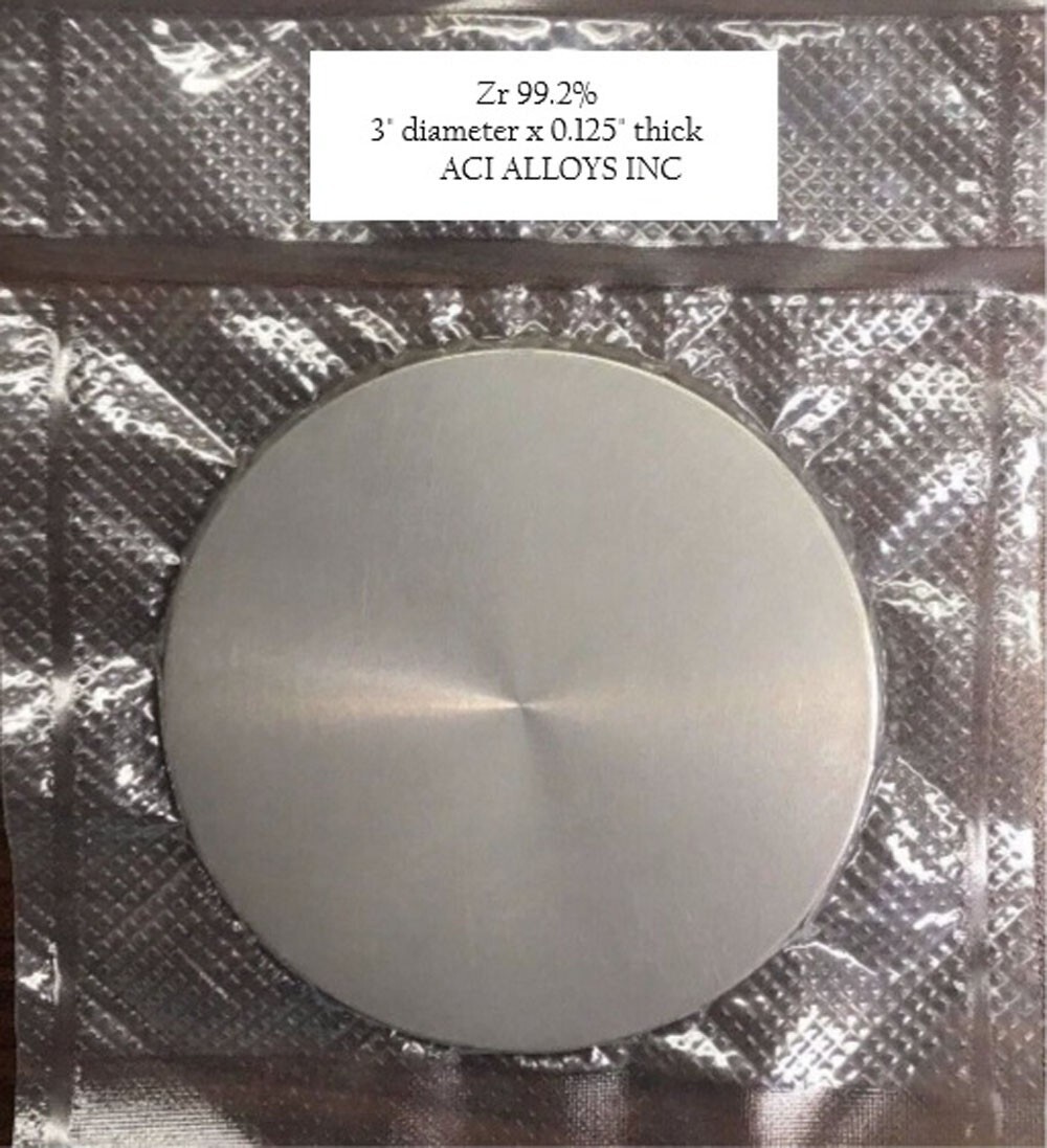 Zirconium sputter target Zr 99.2% pure, 3" diameter x 0.125" thick