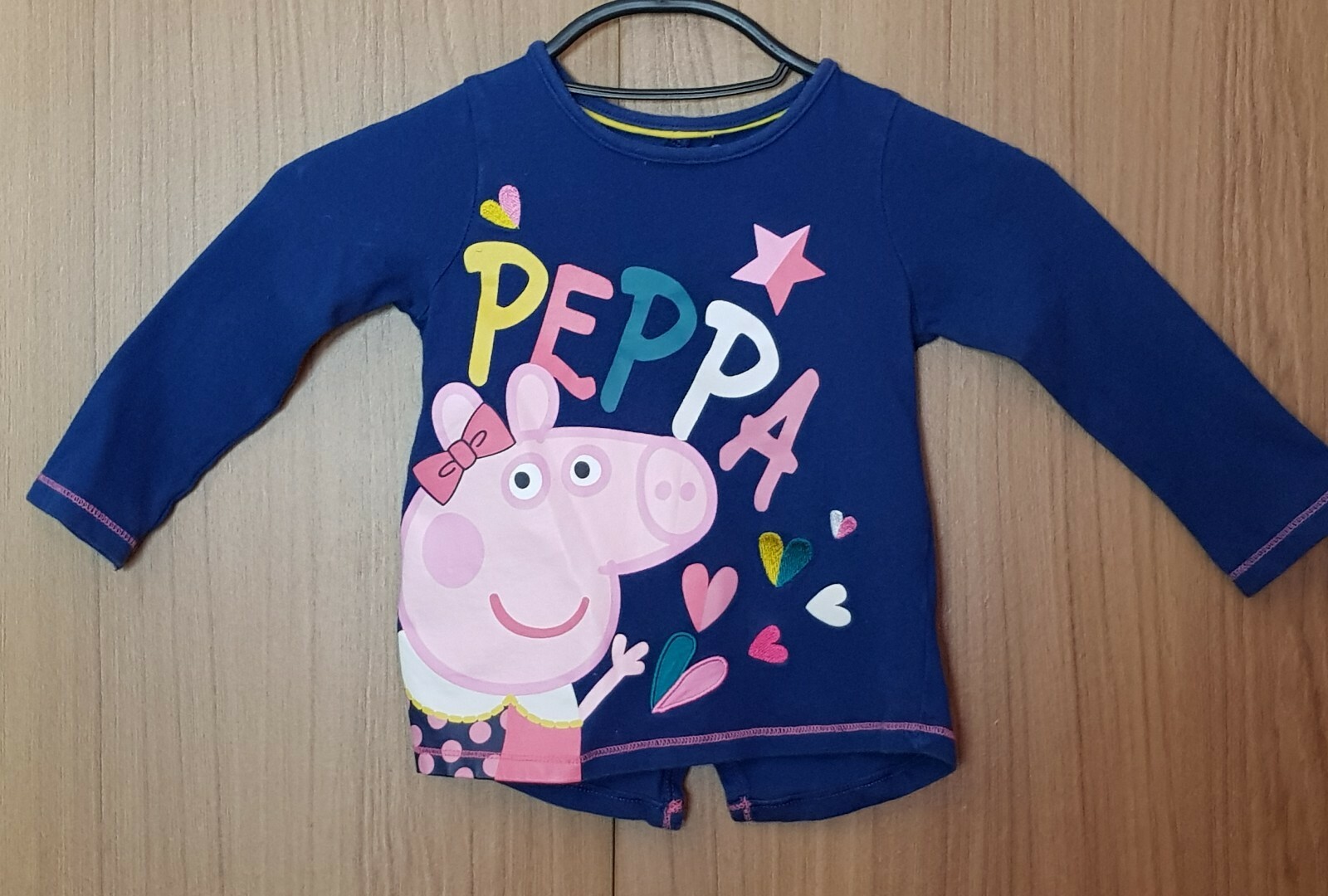 Peppa Pig Nutmeg Girls Long Sleeve Embroidered Hearts Navy Blue Top SZ1-2 Years.