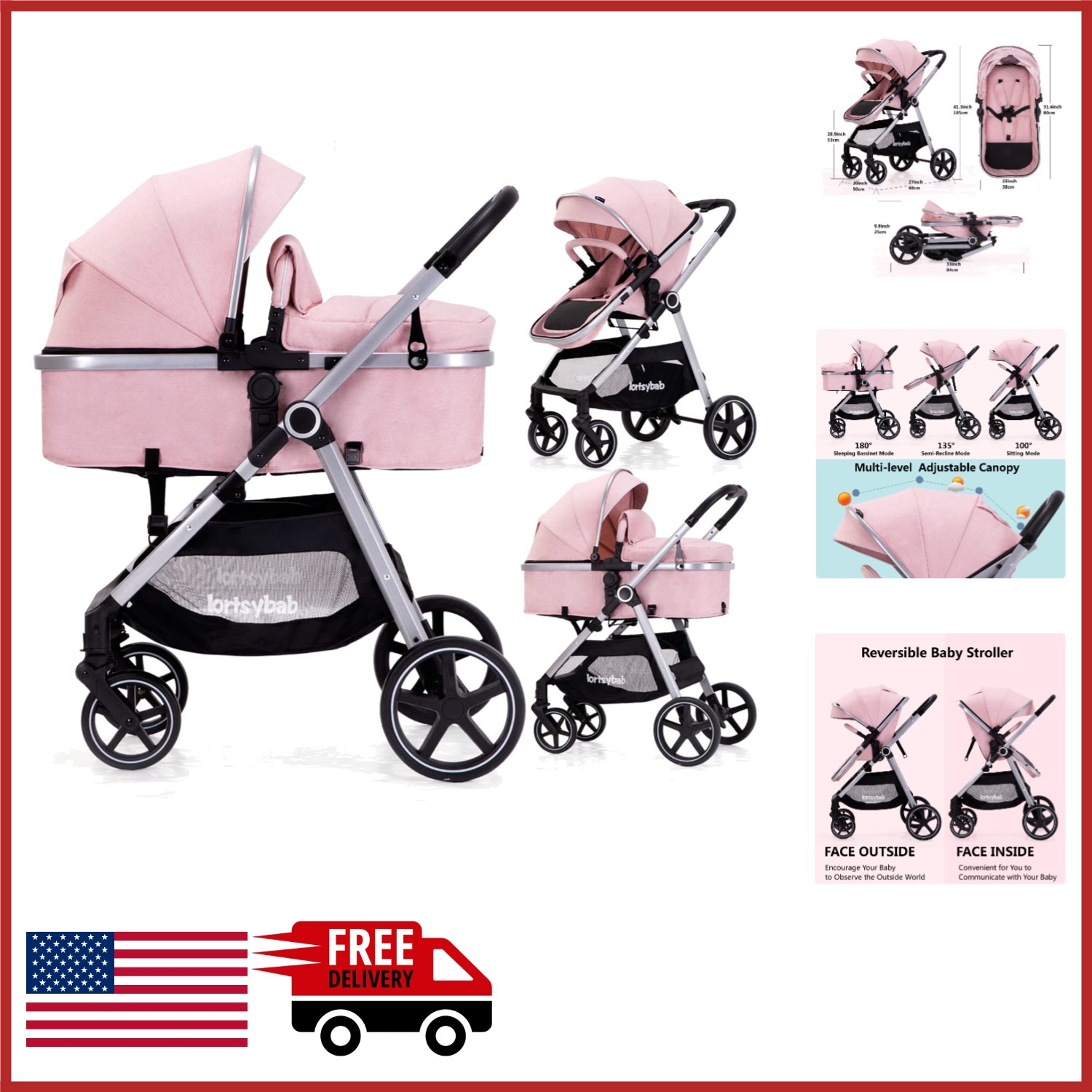 Reversible Seat Baby Stroller Pink 2-in-1 Folding Pram for Newborns & Toddlers