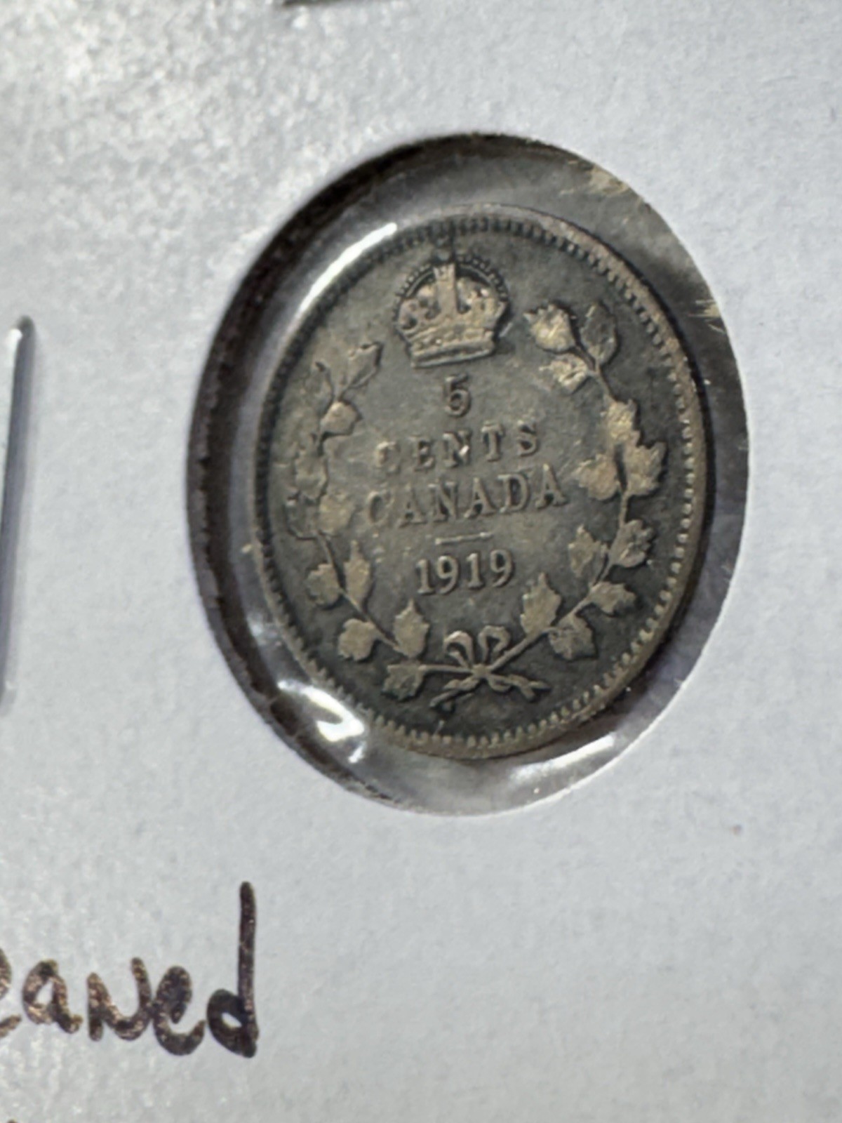 1919 Canada 5 Cents Silver Coin Cleaned