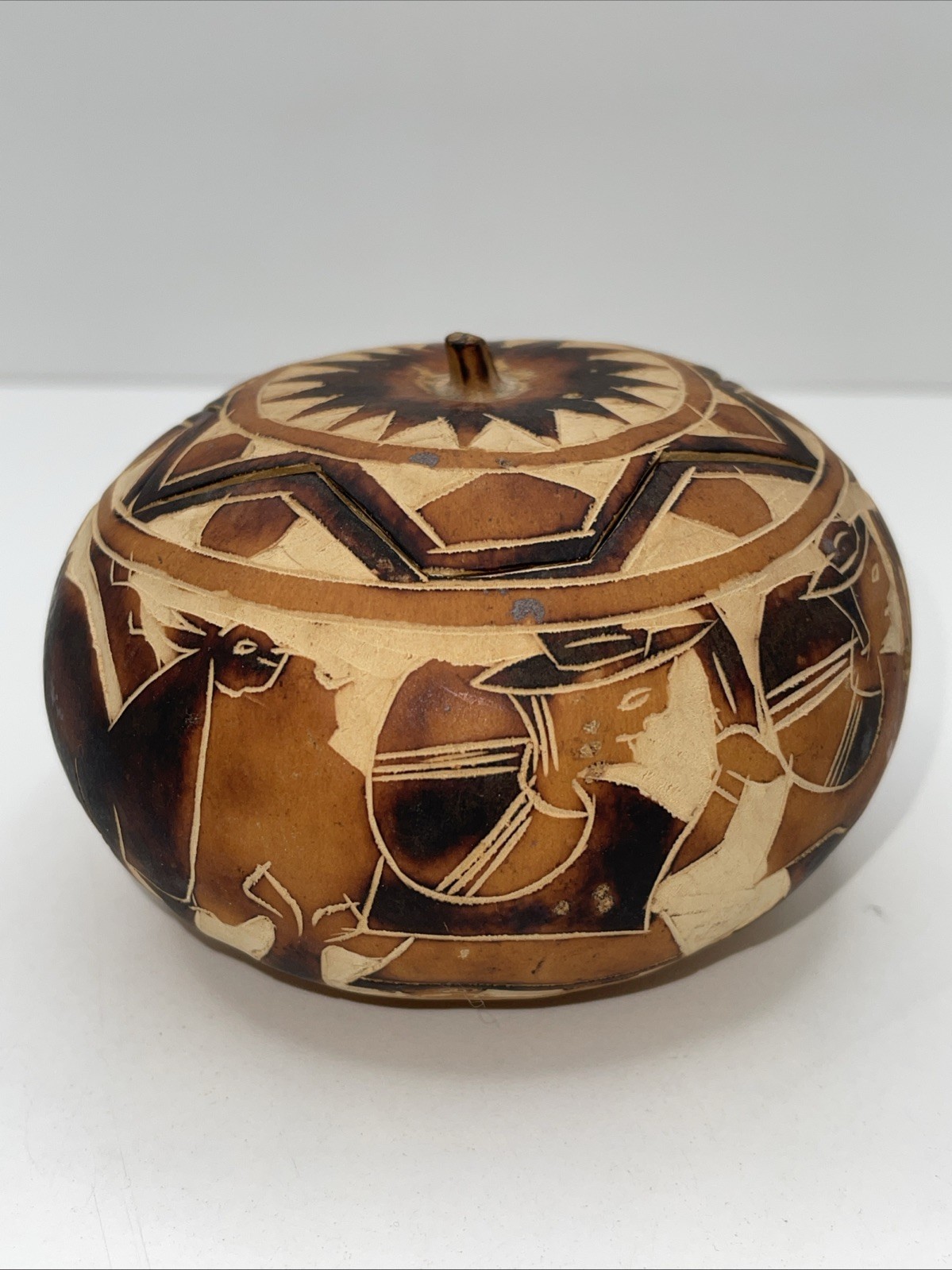 Vintage Hand Carved & Painted Peruvian Gourd Bowl Box W Lid Folk Art Animals