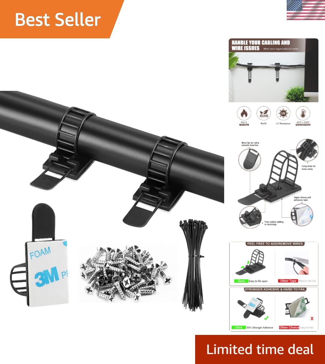 Neat Cable Organizer Set: 50Pcs Adjustable Clips with Durable Adhesive & Screws