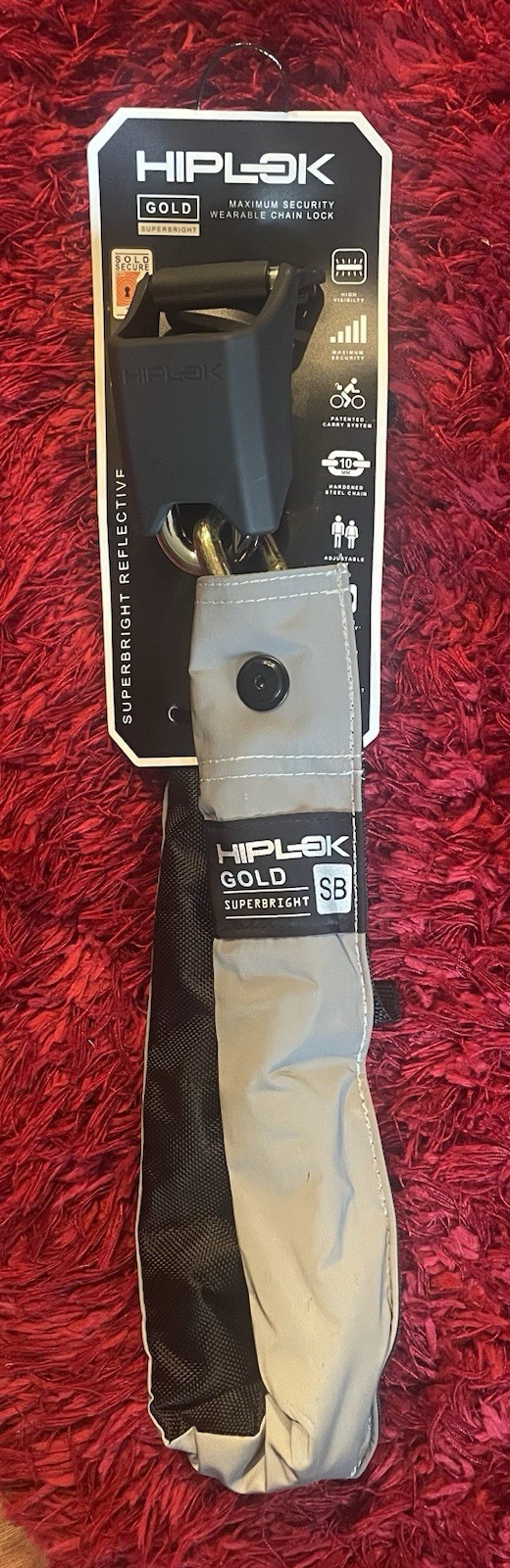 New Hiplok Gold Superbright Reflective Wearable Steel Chain Lock 85cm Bike