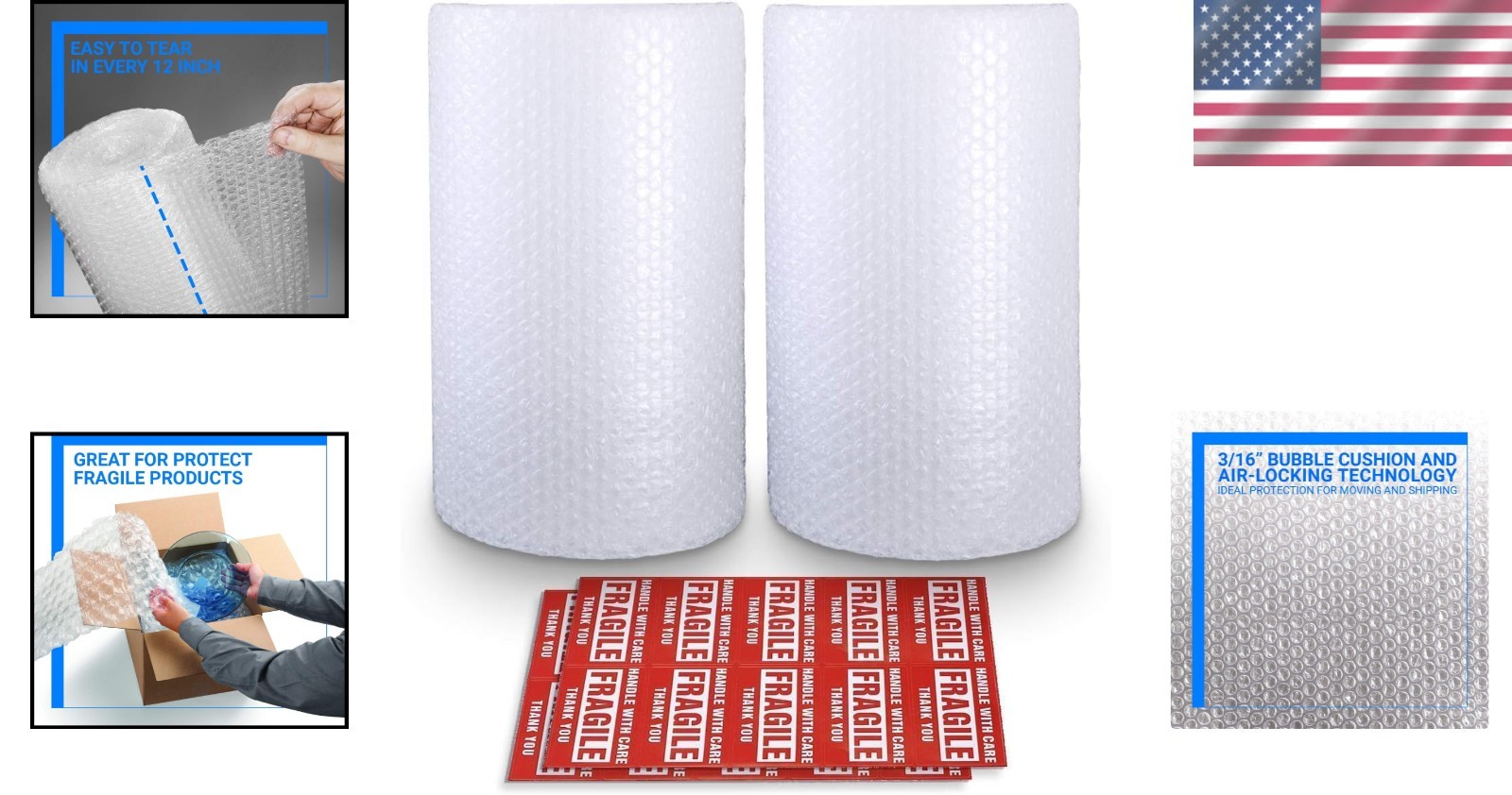 Moisture Resistant Bubble Cushion Wrap with Perforation - 72ft Long, 20 Stickers