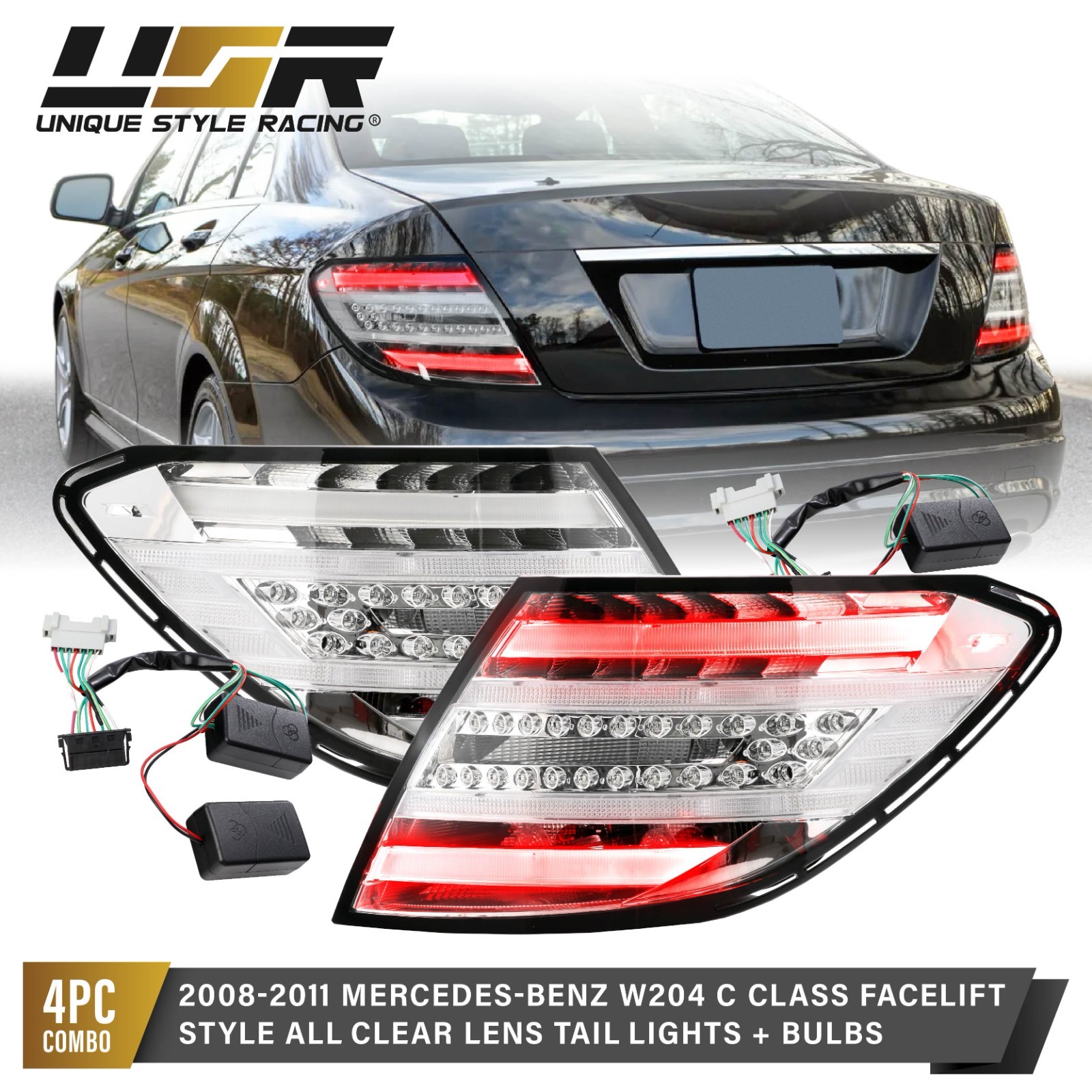All Clear Lens RED LED Tail Light L+R For 08-11 Mercedes C-Class W204 2D/4D AMG