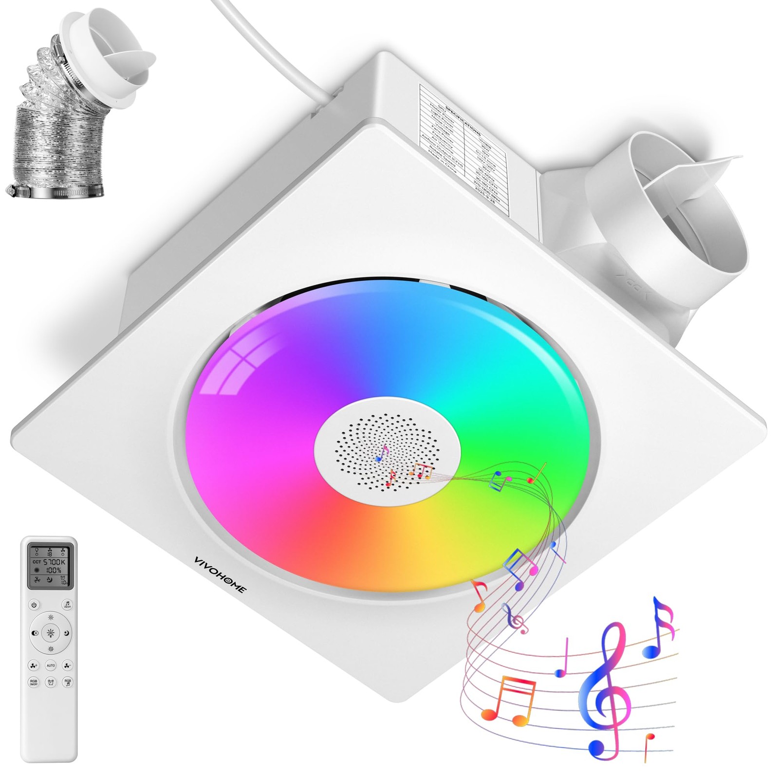 Bathroom Exhaust Fan RGB Light Bluetooth Speaker 160CFM VH1818 Led 160-110-50CFM