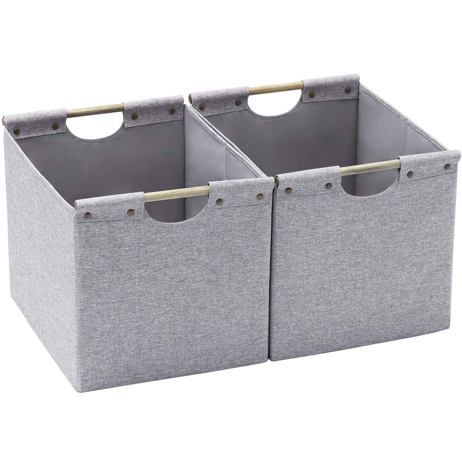 HOONEX Large Foldable Storage Bins, Linen Fabric, 2 Pack, with Wooden Carry Hand