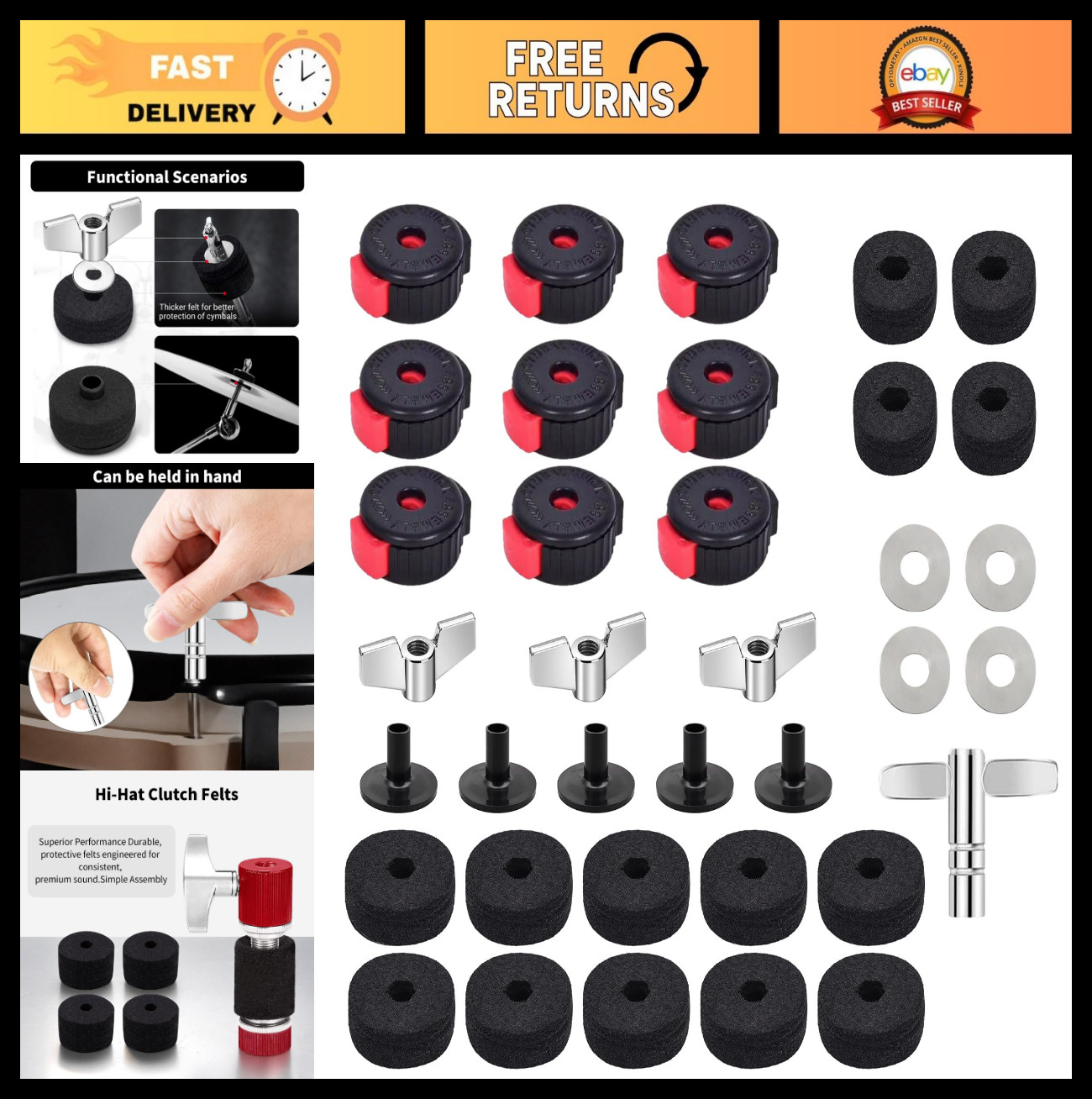36 PCS Drum Cymbal Replacement Kit - Felt Pads, Wing Nuts, Washers & Key, Red