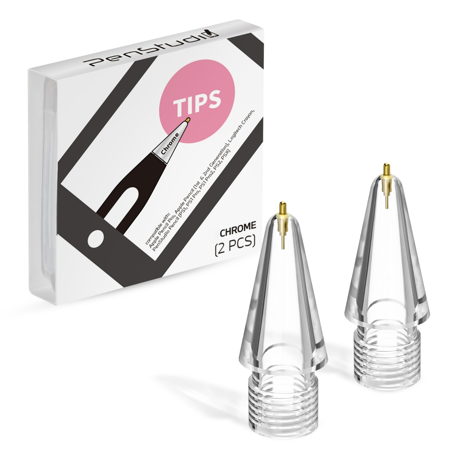 Penstudio Chrome Metal Tips for Apple Pencil Pro/1st/2nd & USB-C | 2 Pack