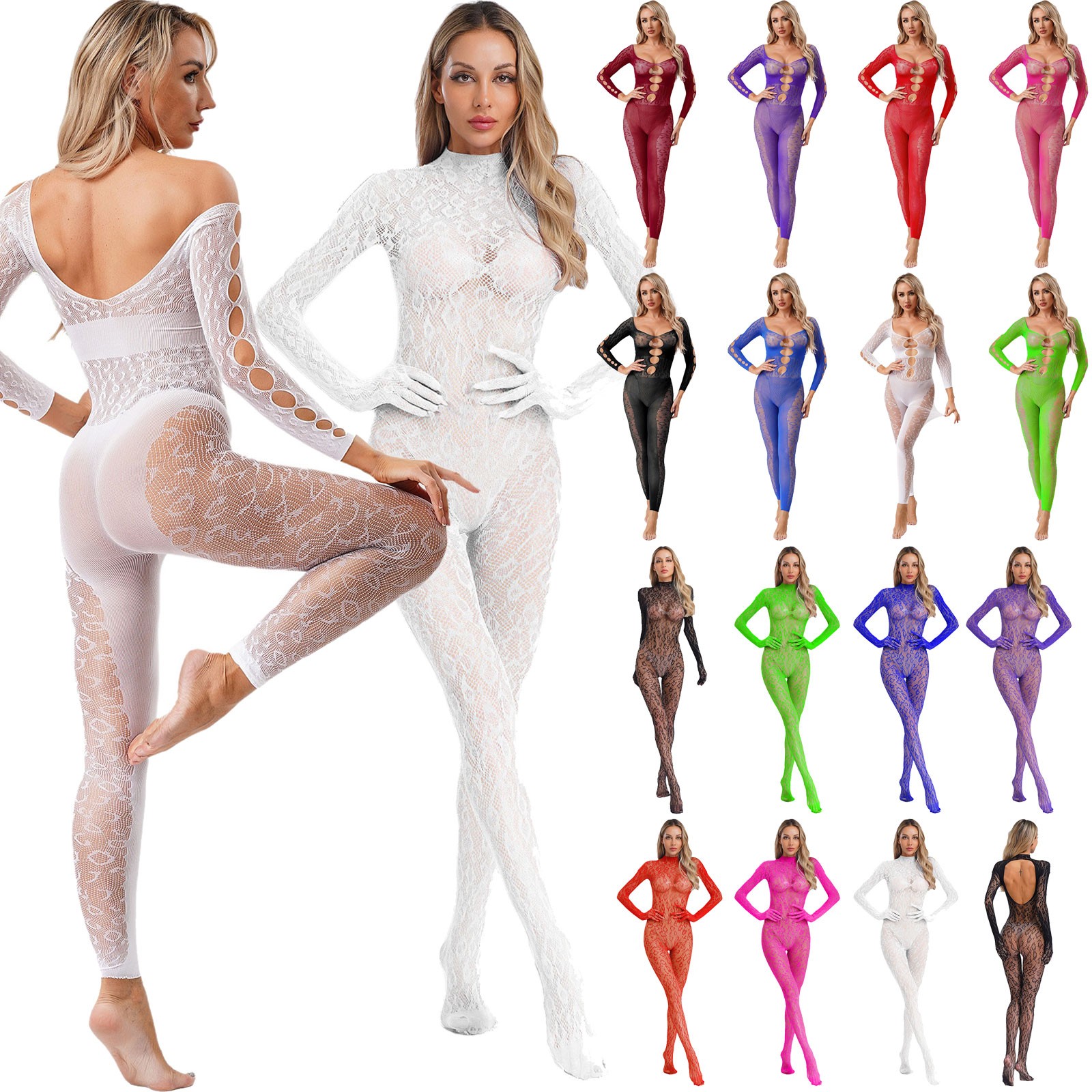 Women's Sexy Fishnet See Through Fishnet Long Sleeve Bodysuit Jumpsuit Clubwear